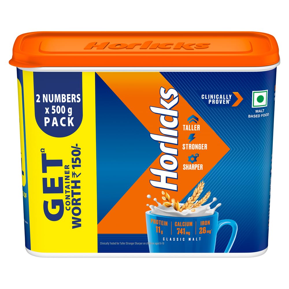 Standard Horlicks Health and Nutrition Drink - 2 x 500 g Classic Malt(2 Packs of Nutrition Drink Along with a Free Container)