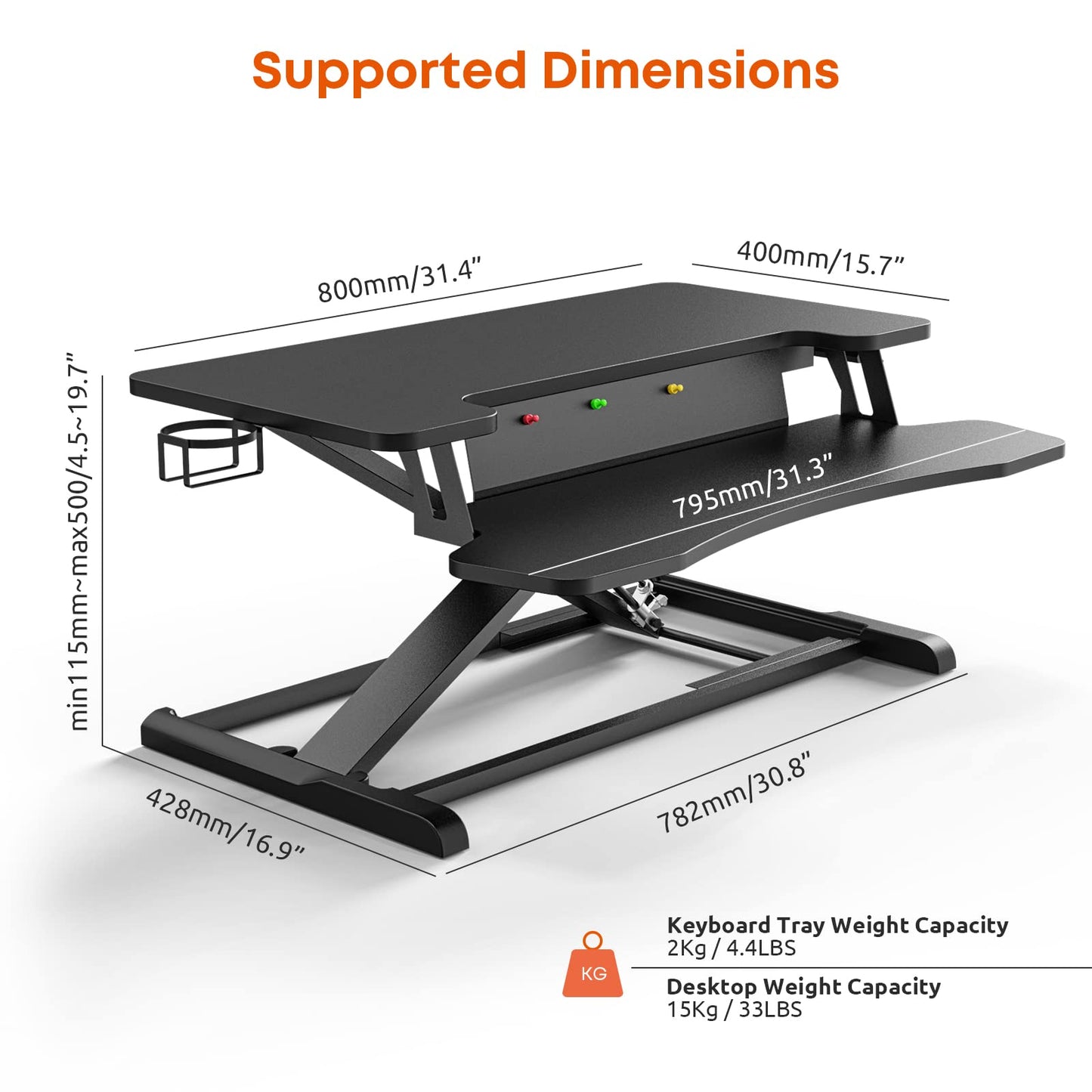 PUTORSEN Standing Desk Converter, 32'' Dual Tiered Sit-Stand Desk Riser with Keyboard Tray, Height Adjustable Computer Workstation with Cup Holder and