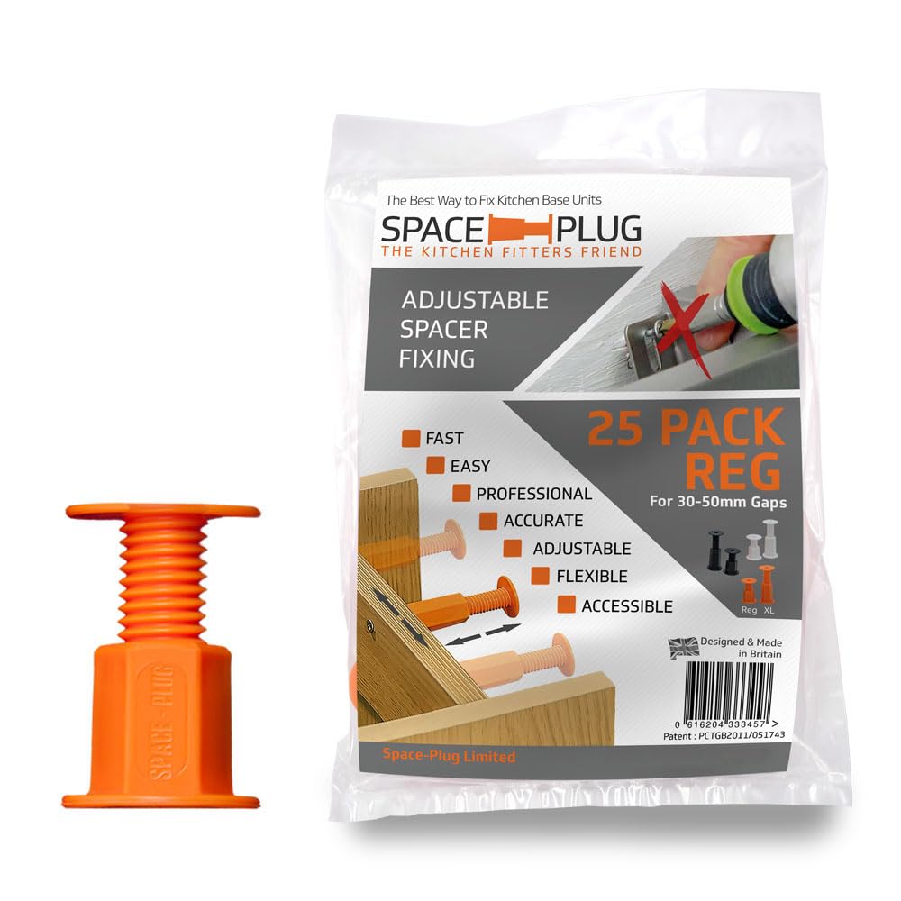 Space-Plug Adjustable Spacer Fixings (Regular Size for 30-50mm Gaps), 25 Pack of Original Orange Spacers, Professional & DIY use for Kitchen, Bedroom,