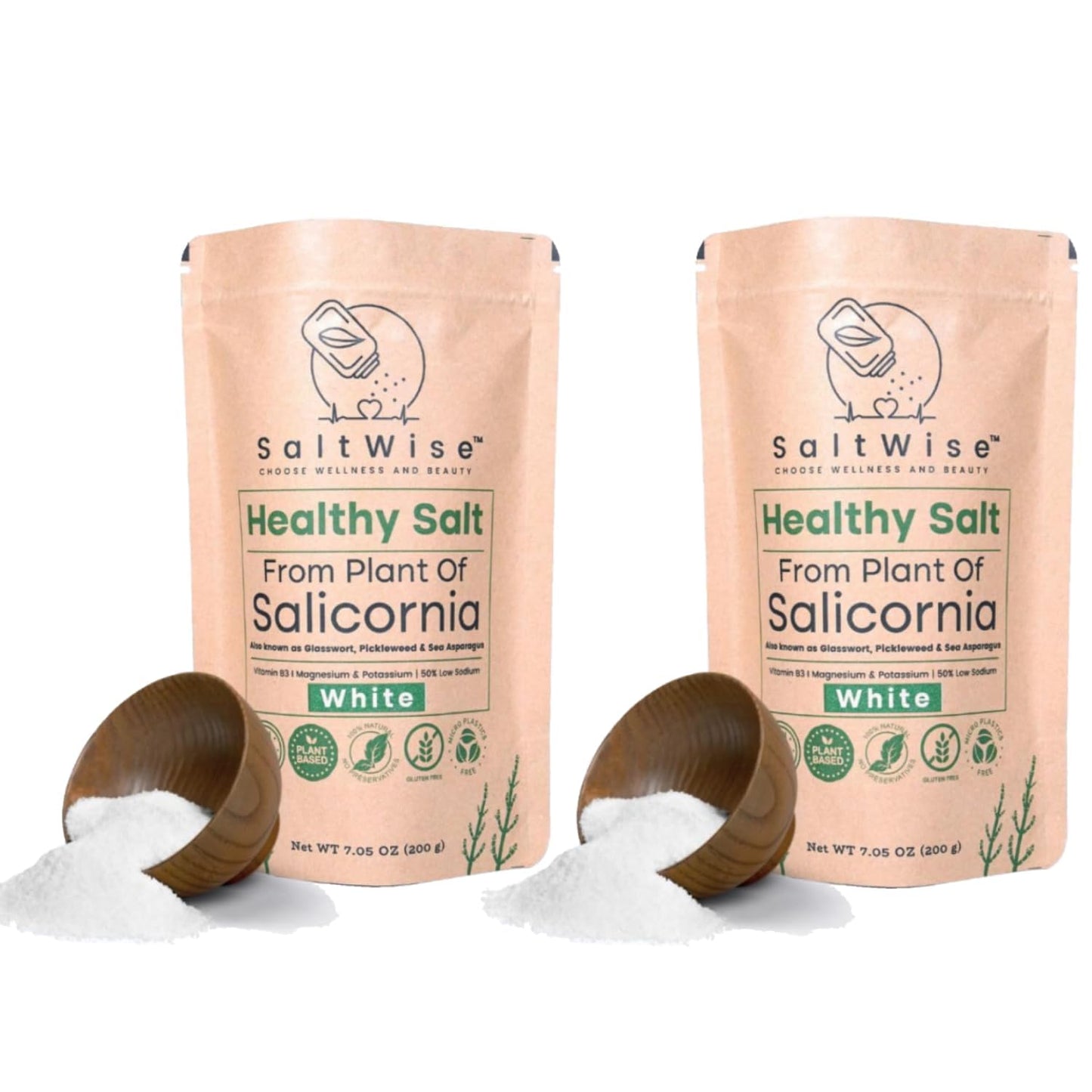 SaltWise Salicornia (Samphire) White Salt | 50% Less Sodium Plant-Based Salt | Natural Mineral Sea Salt Alternative | Vegan, Non-GMO, No Additives