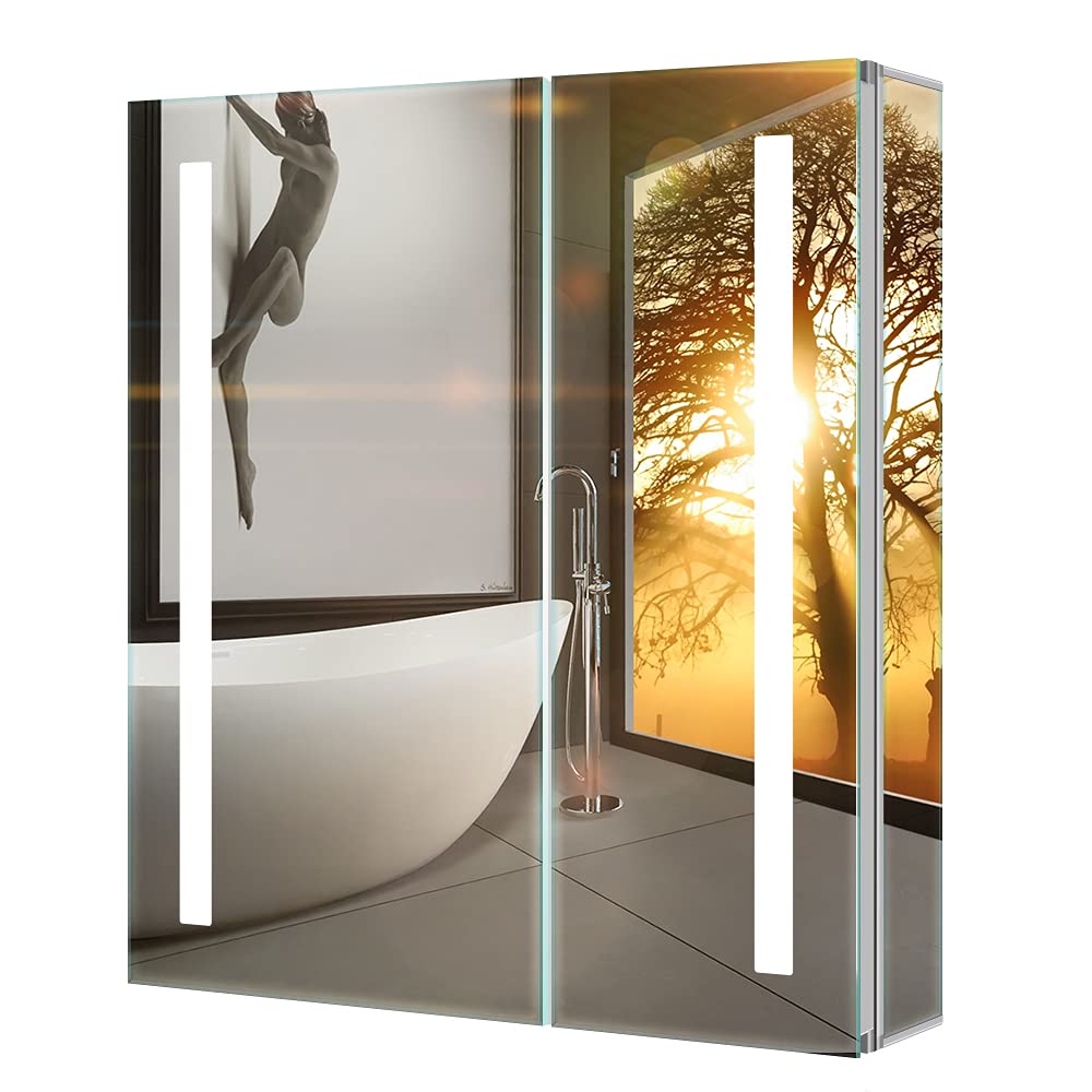 Tokvon? Penumbra Bathroom Mirror Cabinets Double Door with LED Lights & Shaver Socket & Demister - 63cm Wide, Touch-Free Sensor, Adjustable Glass