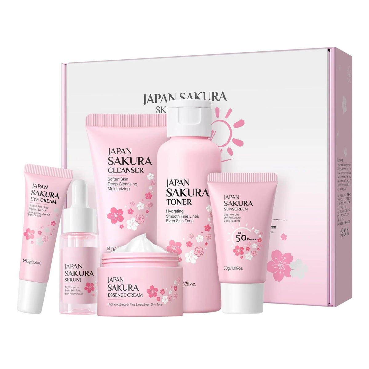 Sakura Skin Care Sets Birthday Gifts for Women,Travel SkinCare Set Gifts for Teenage Girls-Cleanser,Toner, Serum, Eye Cream, Essence Cream,Sunscreen,