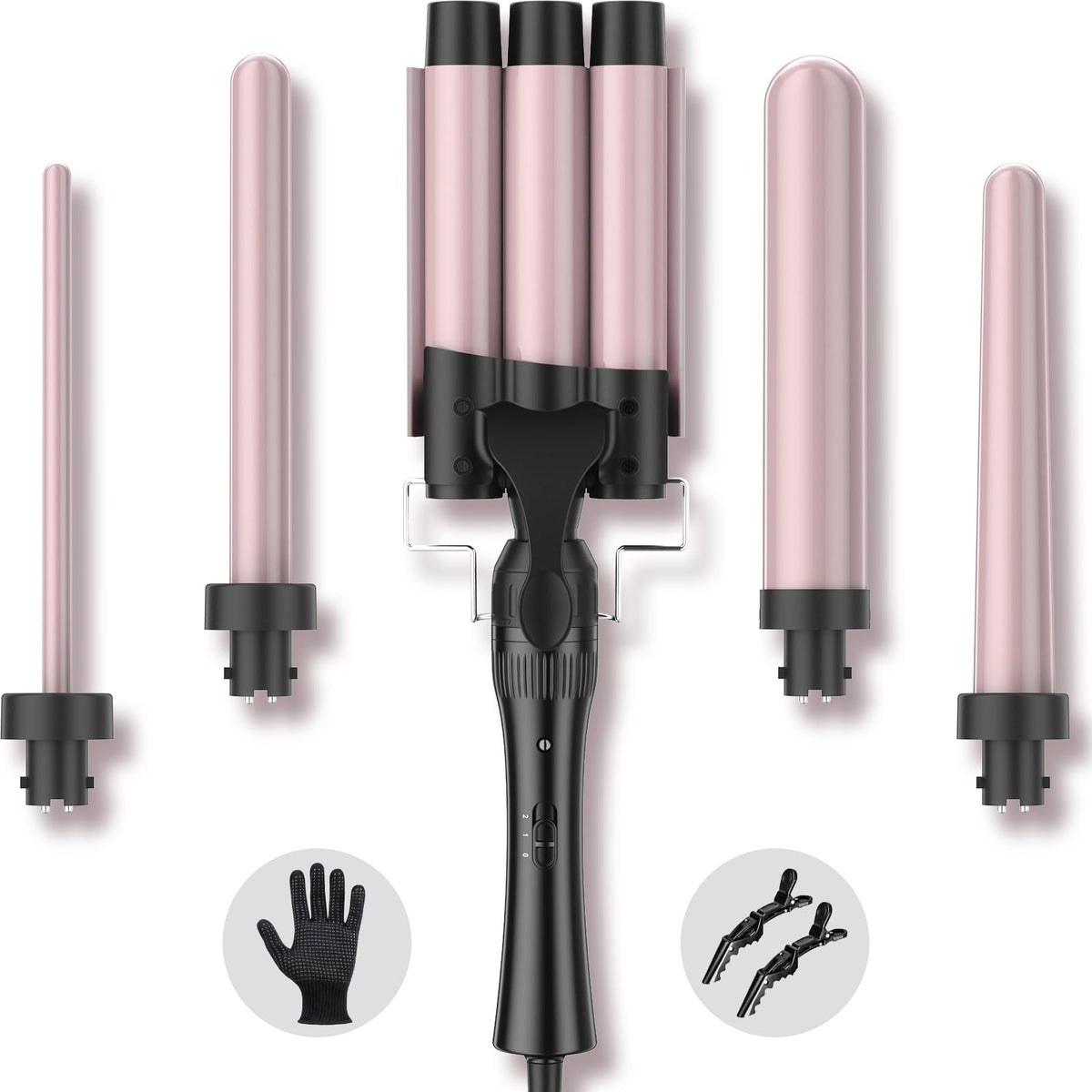 Hair Waver Curling Wand Iron Tong, Chopstick, 5 in 1 Hair Curler for Long Hair 10mm-32mm with 2 Crocodile Clips 1 Anti-Scald Silicone Gloves, PTC