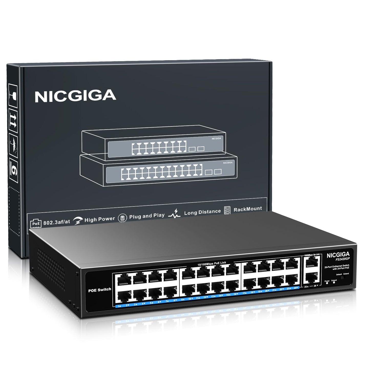 24 Port PoE Switch Unmanaged, 24 Port PoE+@400W, 2 Gigabit Uplink Ports, NICGIGA 26 Port Network Power Over Ethernet Switch, VLAN Mode, 250m Extend,