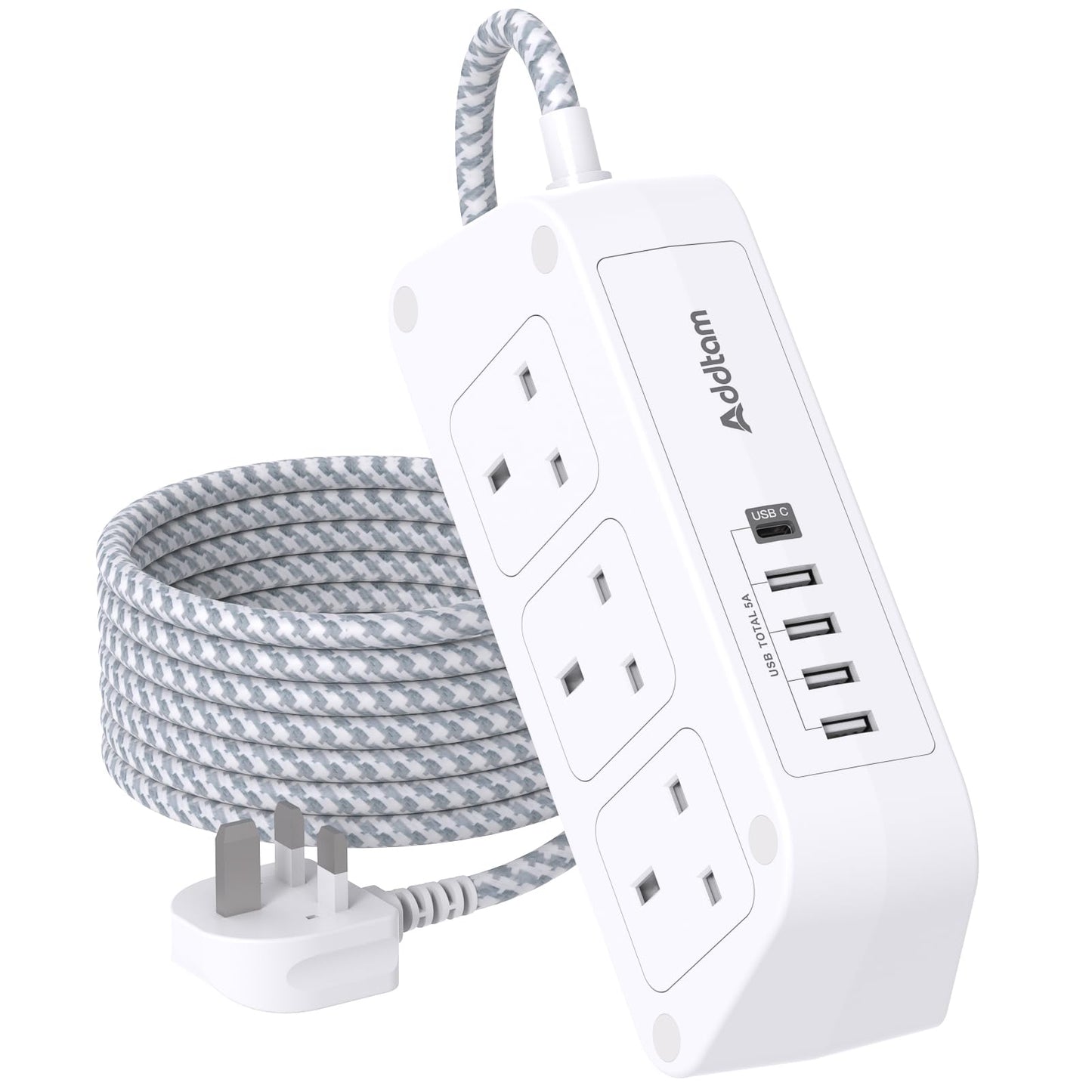 Addtam Extension Lead with USB Slots, 3M Extension Cable with 6 Way Outlets 5 USB(5A, 1 USB C and 4 USB A Ports), 3250W Overload Protection, Surge
