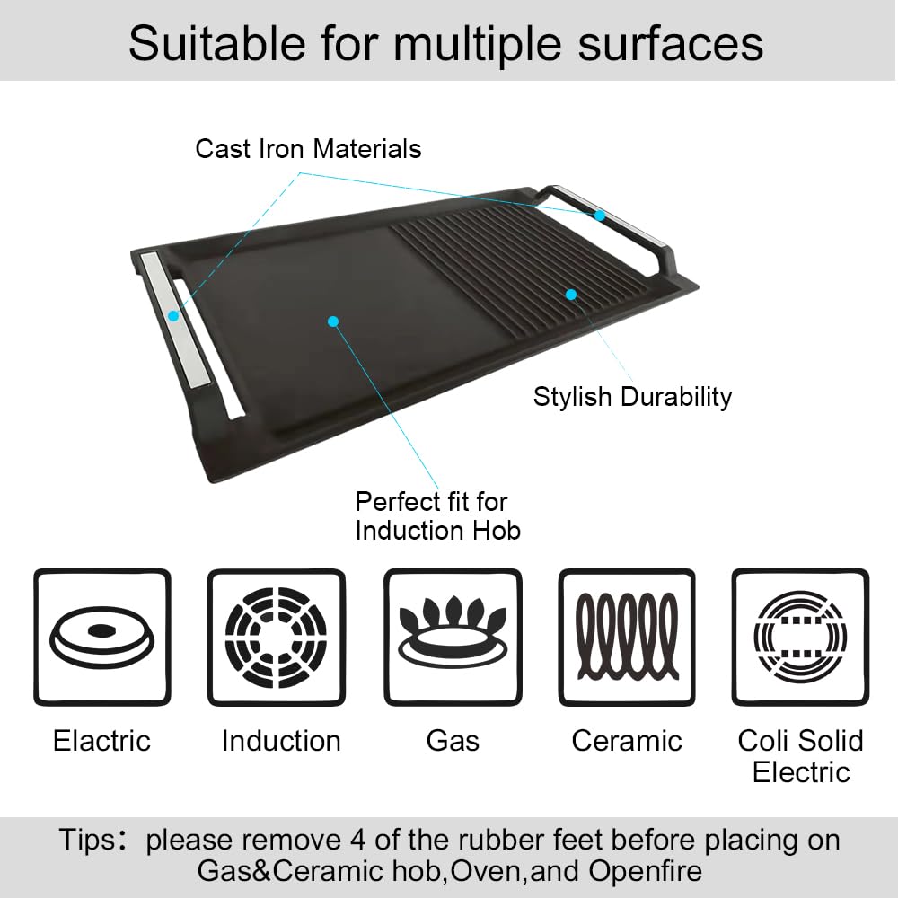 COVERCOOK Griddle Pan, Cast Iron Grill Pan, Rectangular Grill, 2 Handles,Griddle with Flat and Ridged Surface for Induction Hob Open Fire Oven