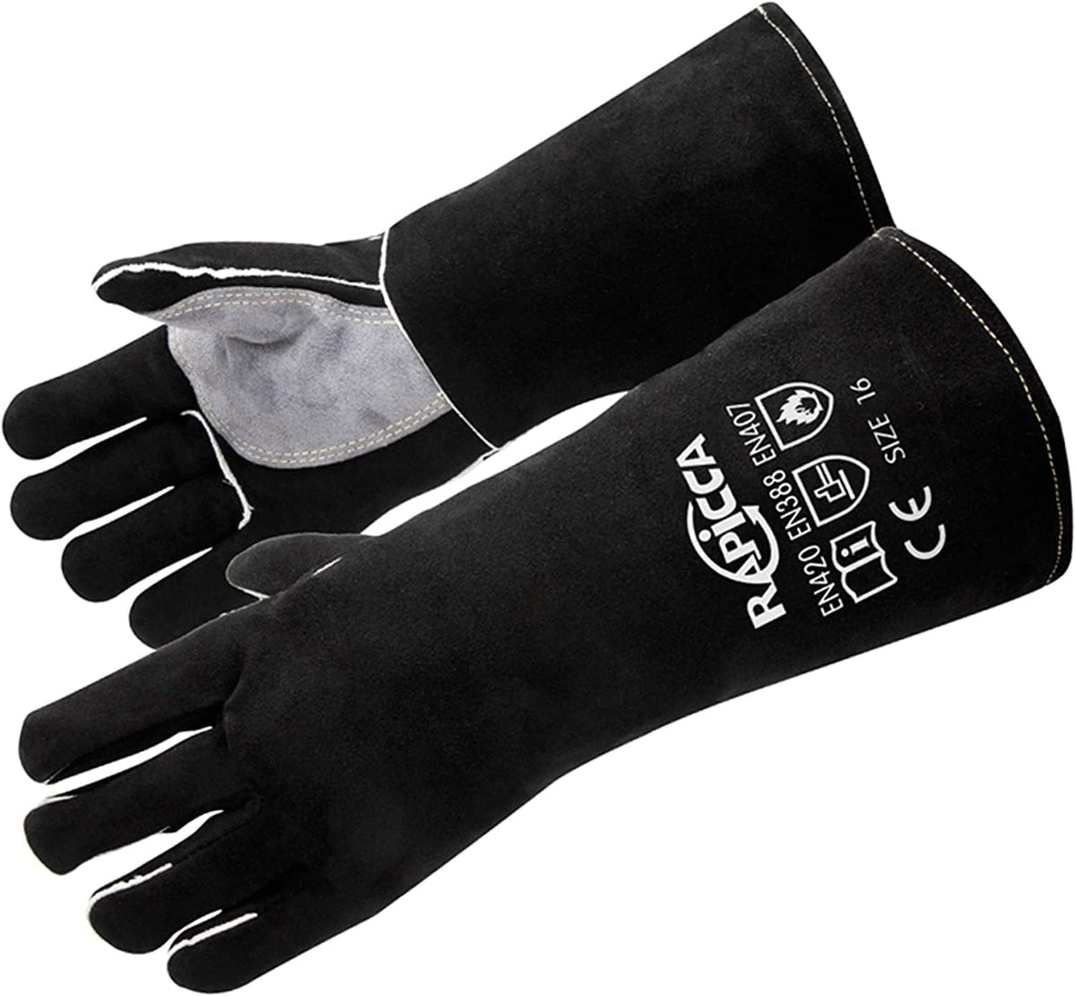 RAPICCA Welding Gloves Fire Heat Resistant: Black 14IN - Fireproof Leather For Stick Mig Flux-Core Welder Forge Blacksmith Fireplace Wood Stove Fire