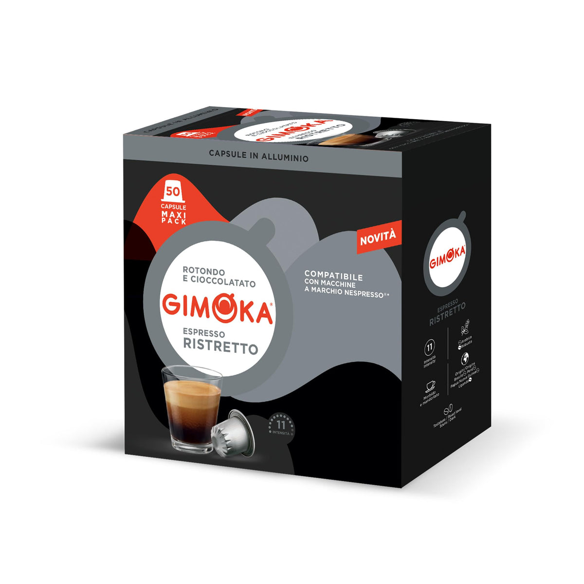 Gimoka - Espresso Ristretto Blend, Intensity 11/13, 50 Aluminium Capsules, Compatible with Nespresso Coffee Machine, Round and Chocolate Flavour with