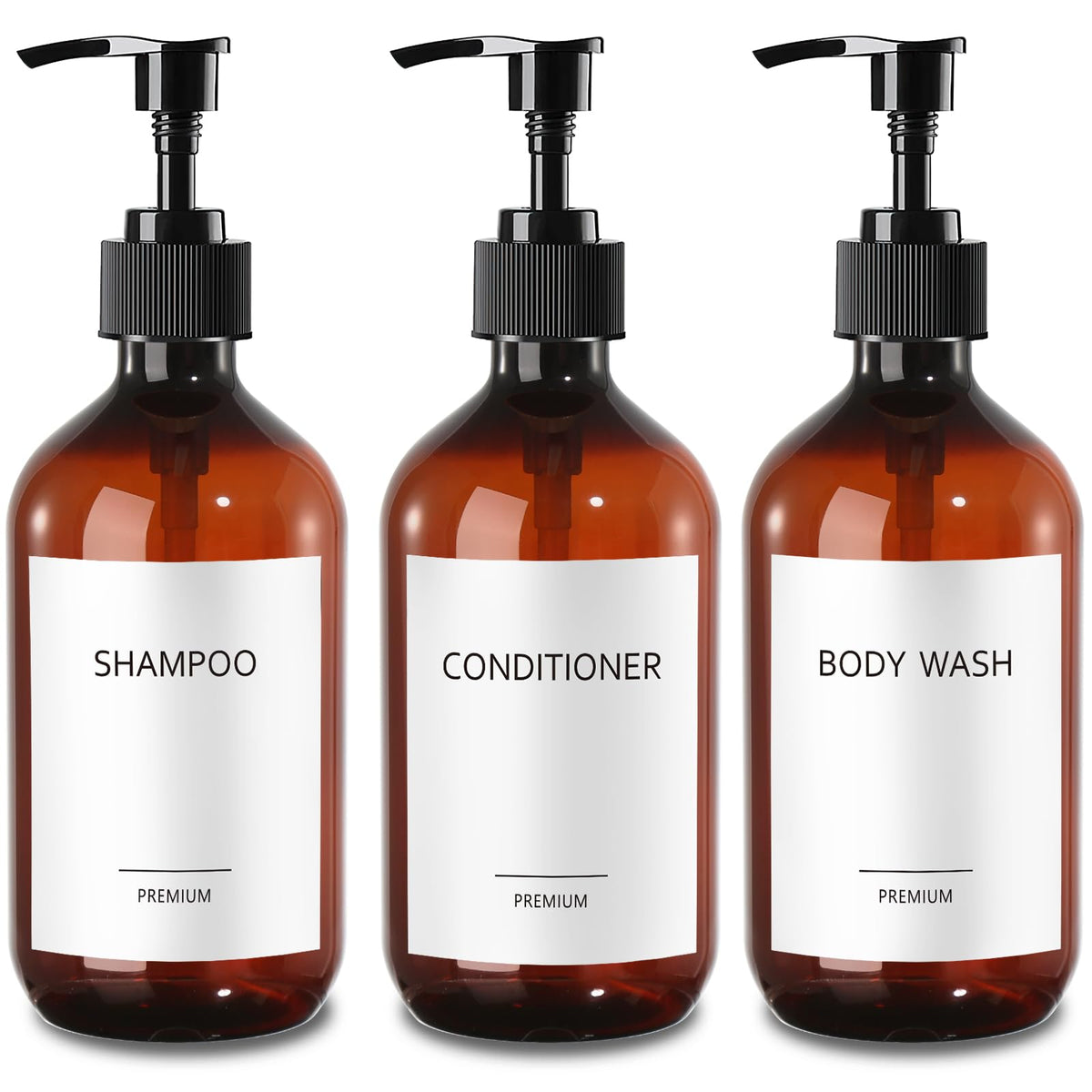 GMISUN Shower Gel Dispenser, 17 Fl oz / 500ml Amber Shampoo Dispenser for Bathroom, Refillable Shampoo Bottles with Labels, Plastic Brown Soap
