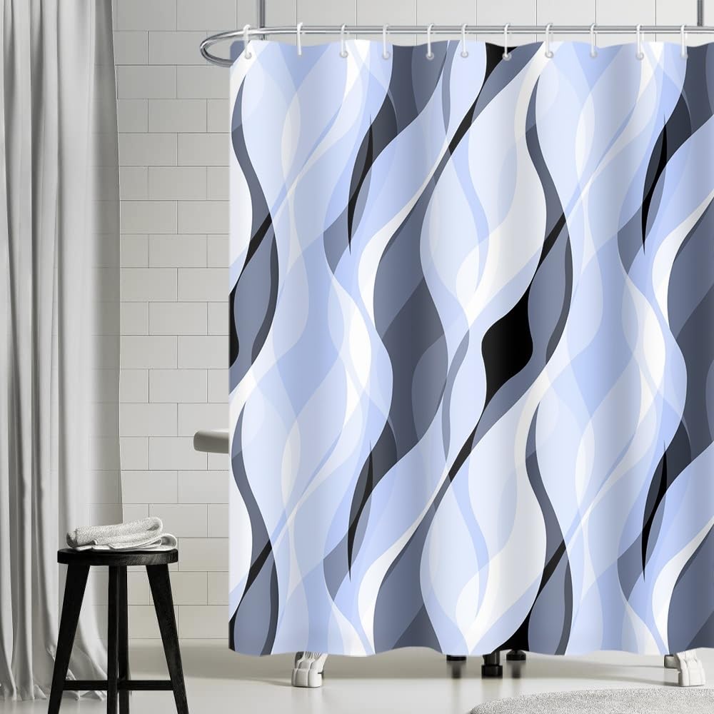 Uiiooazy Blue Shower Curtain, Abstract Striped Geometric Lines Bath Curtain Anti-Mould Waterproof Polyester Fabric Washable Bathroom Curtain with 12