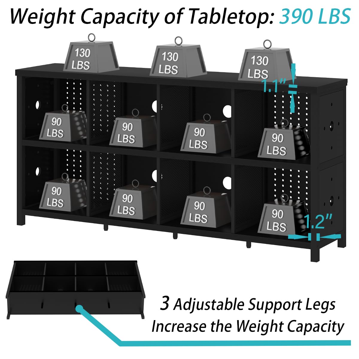LVB Black Horizontal Bookshelf, Modern Cube Storage Organizer Bookcase, Industrial Wide Long Wood Metal Book Shelf