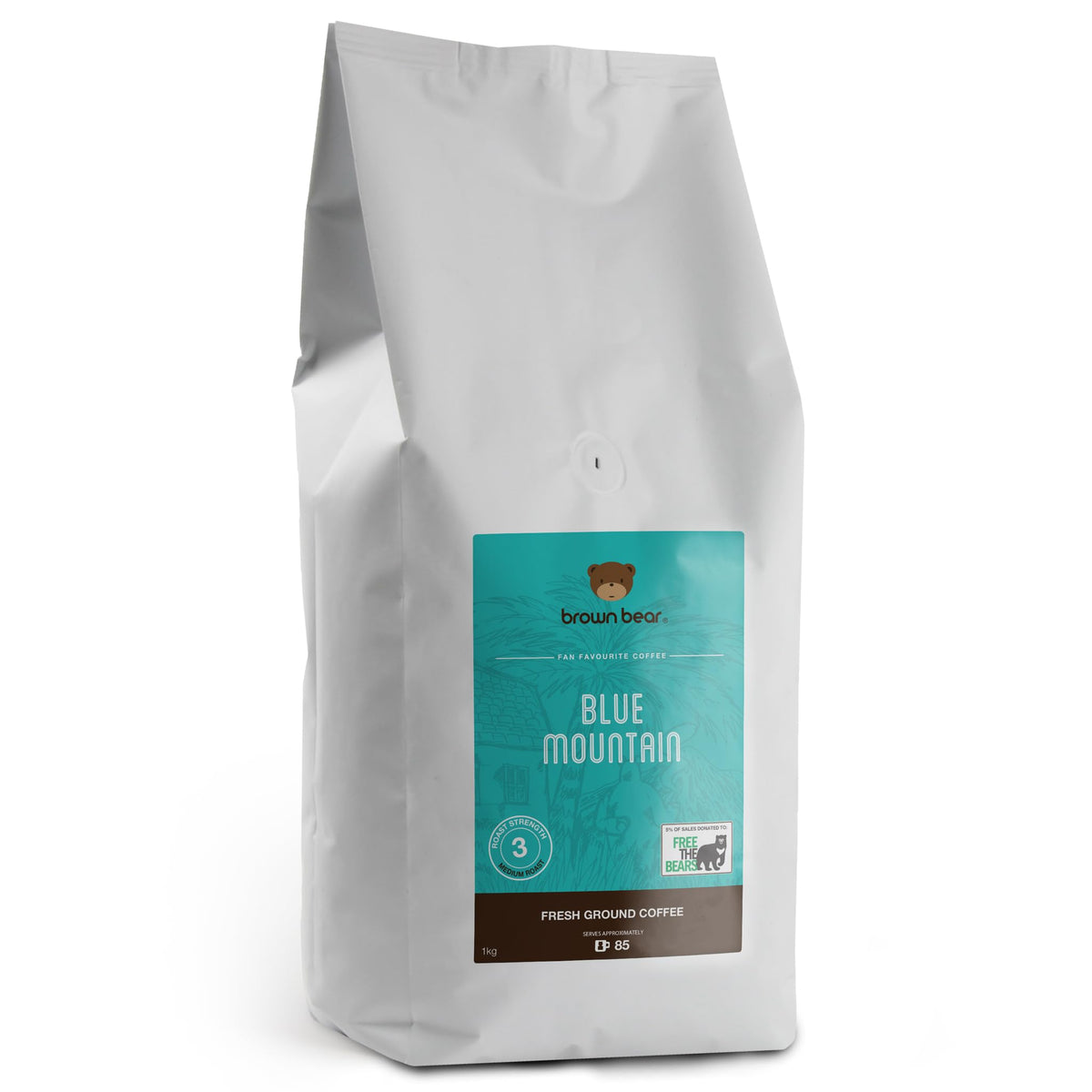 Blue Mountain Ground Coffee 1kg - For Filter Cafetiere V60 French Press - Medium Roast - Brown Bear - Strength 3 - Donation to Free The Bears - 100%