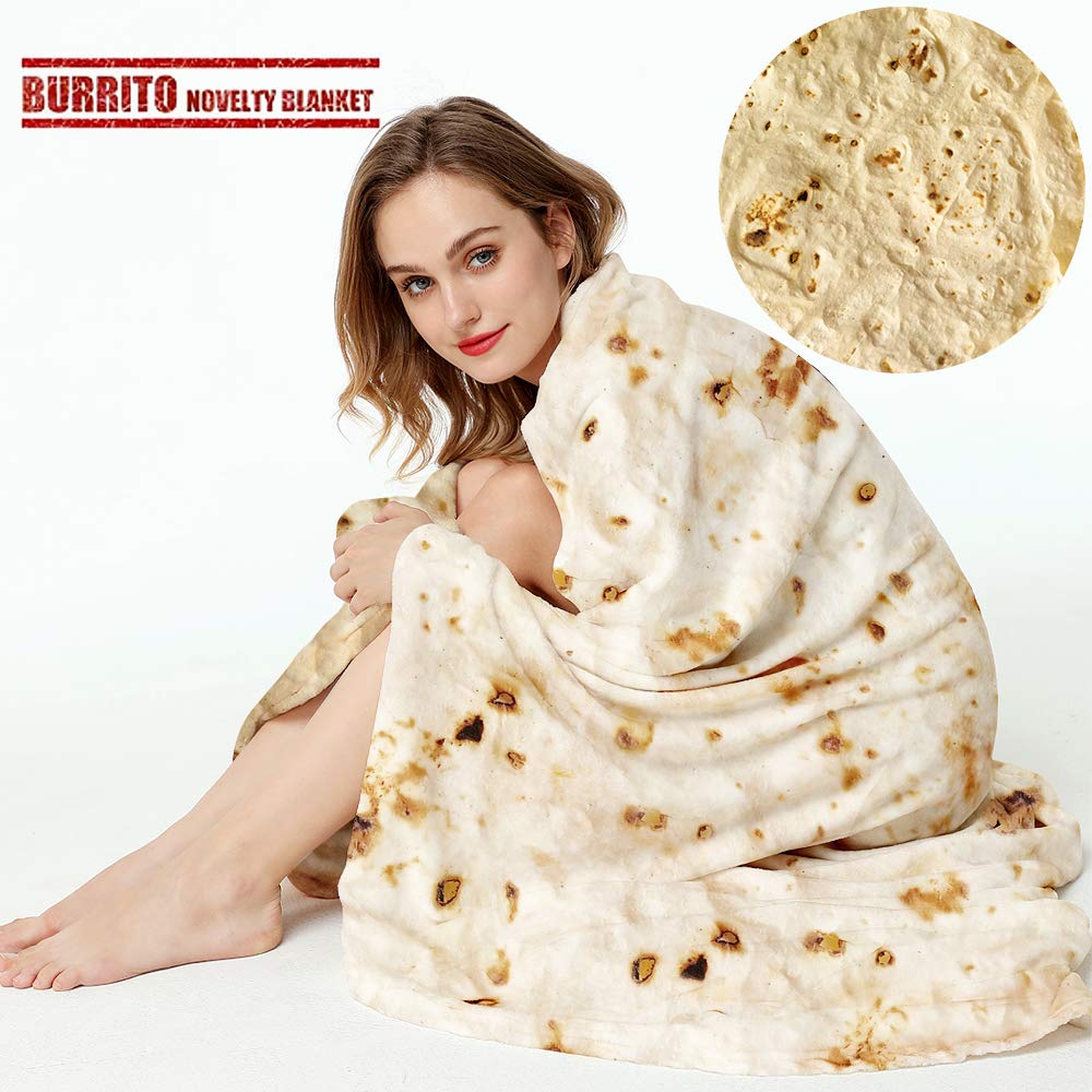 LetsFunny Burrito Tortilla Throw Blanket,2.0 Double Sided Burritos Taco Tortilla Wrap Blankets,Giant Funny Realistic Flannel Food Round Blankets,