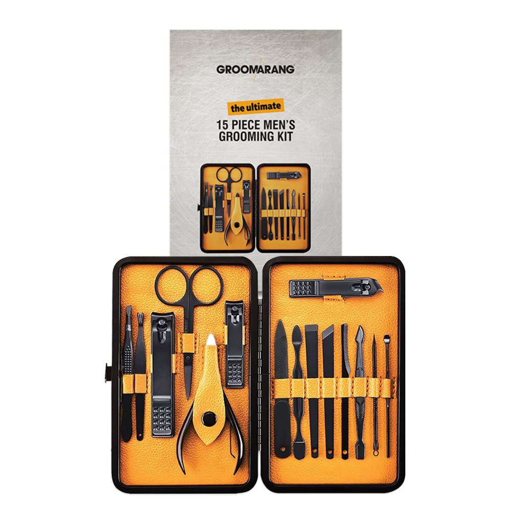 Groomarang 15pc Mens Manicure Kit - Stainless Steel Corrosion Resistant Nail Clipper Grooming Set