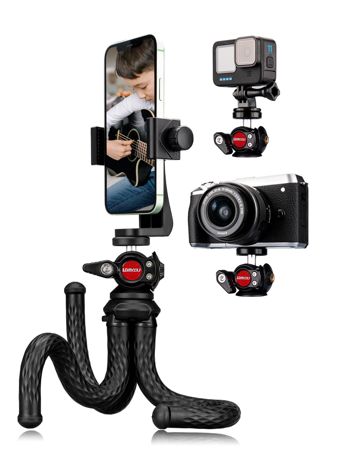 Lammcou Phone Tripod Flexible, Octopus Camera Gorrila Pod Bendy Legs Grip, With Vertical & Portrait Mobile Holder & Go Pro Mount, Handheld Portable