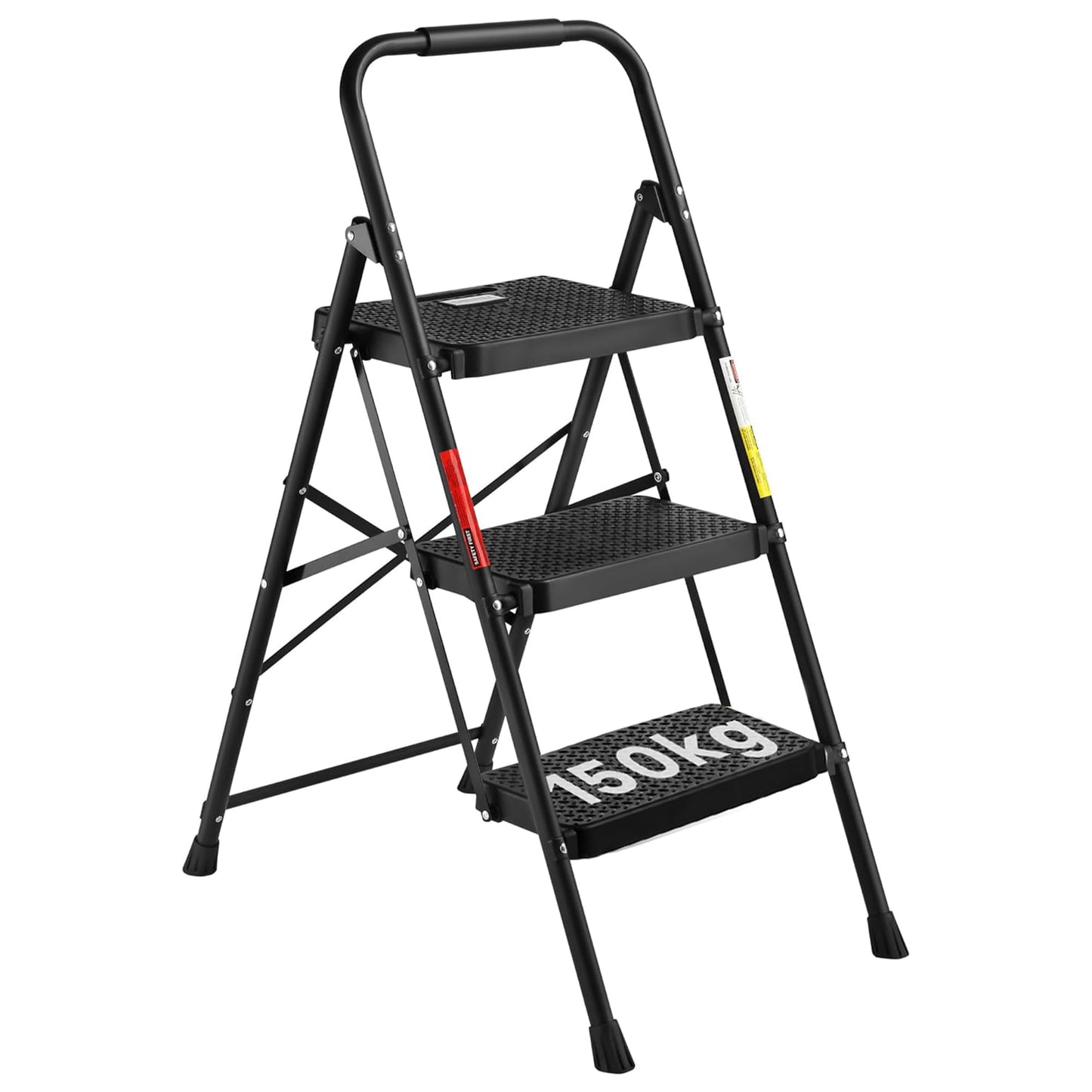 BONTEC 3 Step Ladder, Folding Steel Step Stool with Wide Anti-Slip Pedals and Sponge Handle, Capacity 150kg, Lightweight Portable Stepladder, Foldable