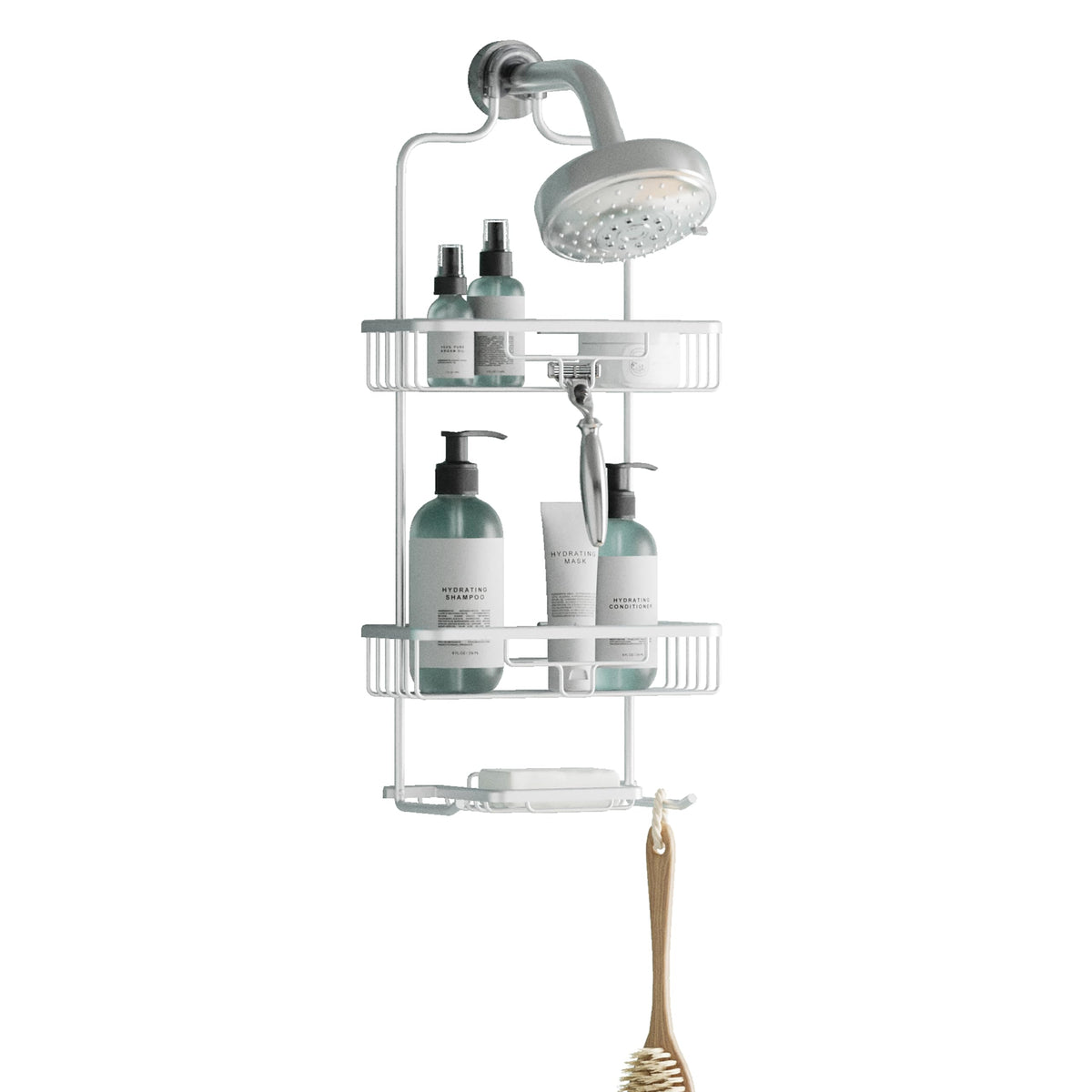 Zenna Home Hanging Shower Caddy with 2 Shelves, Soap Tray, Razor Holders and Hooks, Satin Chrome ? Rustproof Shower Rack, No Drilling ? Premium Over