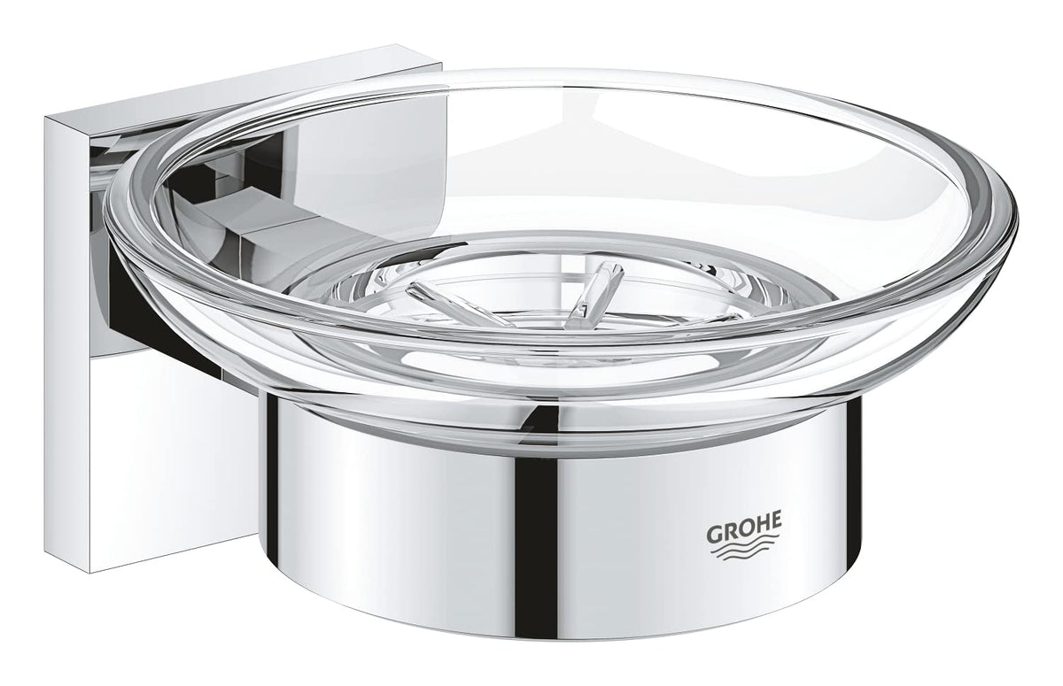 GROHE Start Cube Soap Dish with Holder (Material: Glass and Metal, Wall Mounted, Concealed Fastening, with Screws and Dowels), Size 125mm, Extra Easy