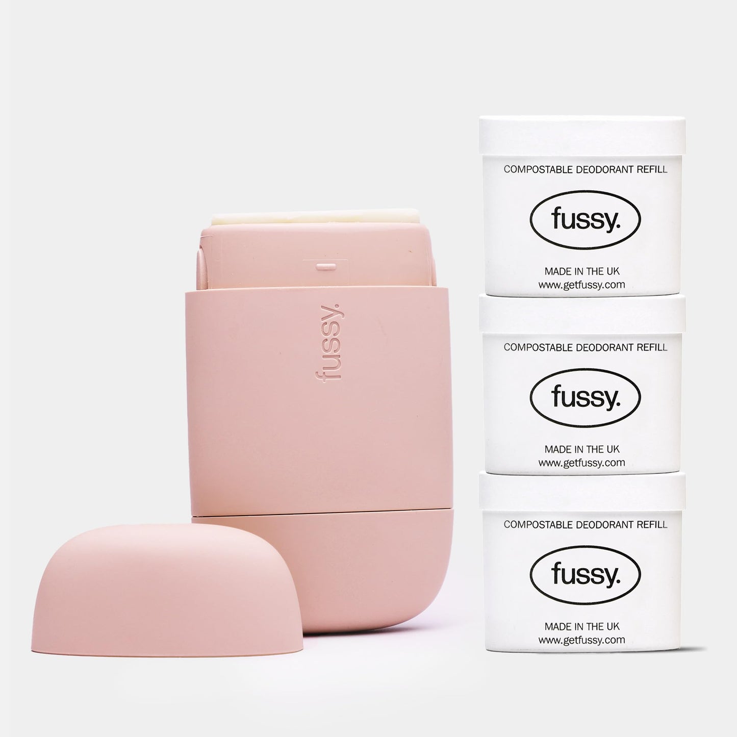 Fussy - Natural Refillable Deodorant - Aluminium Free - 24 Hour Protection - Floral Scent (3 x 40g) & Blush Pink Case - Cedar, Cinnamon and Patchouli