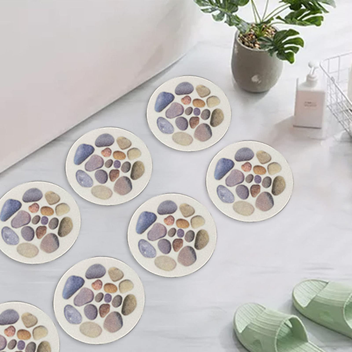 8 pieces bathtub stickers, round, self-adhesive, non-slip stickers, diameter 15 cm, stone pattern, bath, bathroom floor sticker with scraper tool