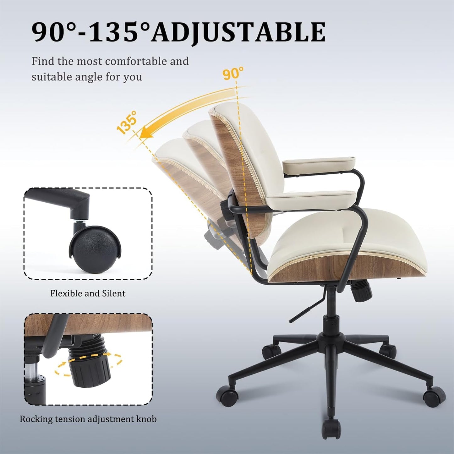 BERYTH Office Computer Desk Chair Mid Century Modern Office Chair Swivel Rolling Task Chair with Armrests and Walnut Back, Adjustable