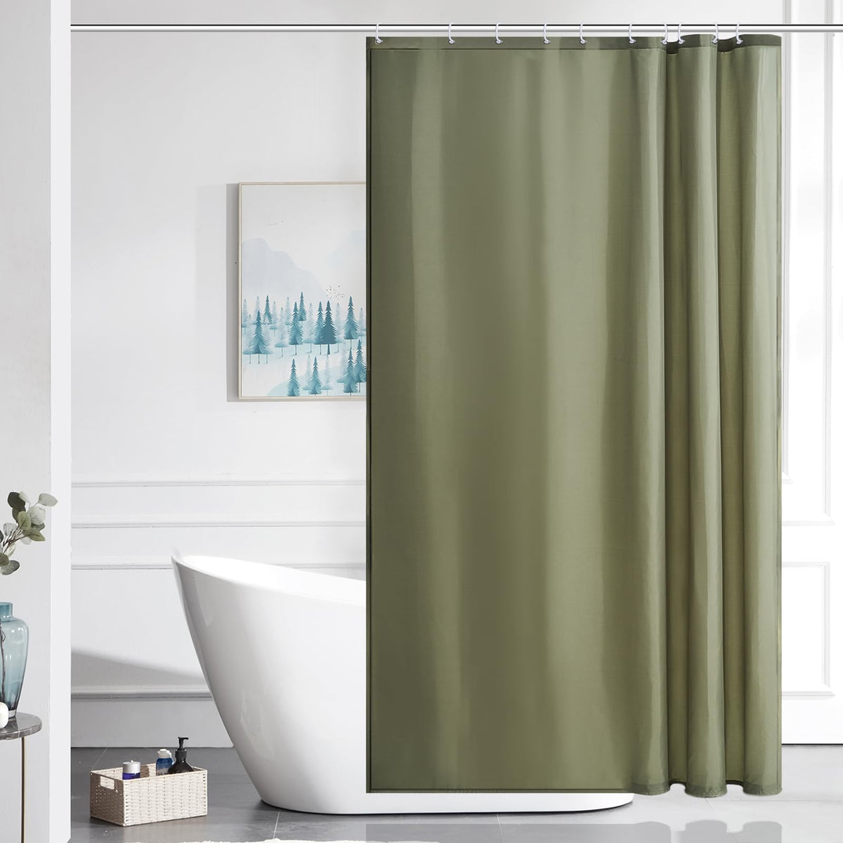 Furlinic Sage Green Shower Curtain Mould Proof Resistantand Waterproof Washable Polyester Fabric Bath Curtains with Weight Tape 10 Hooks for Wetroom