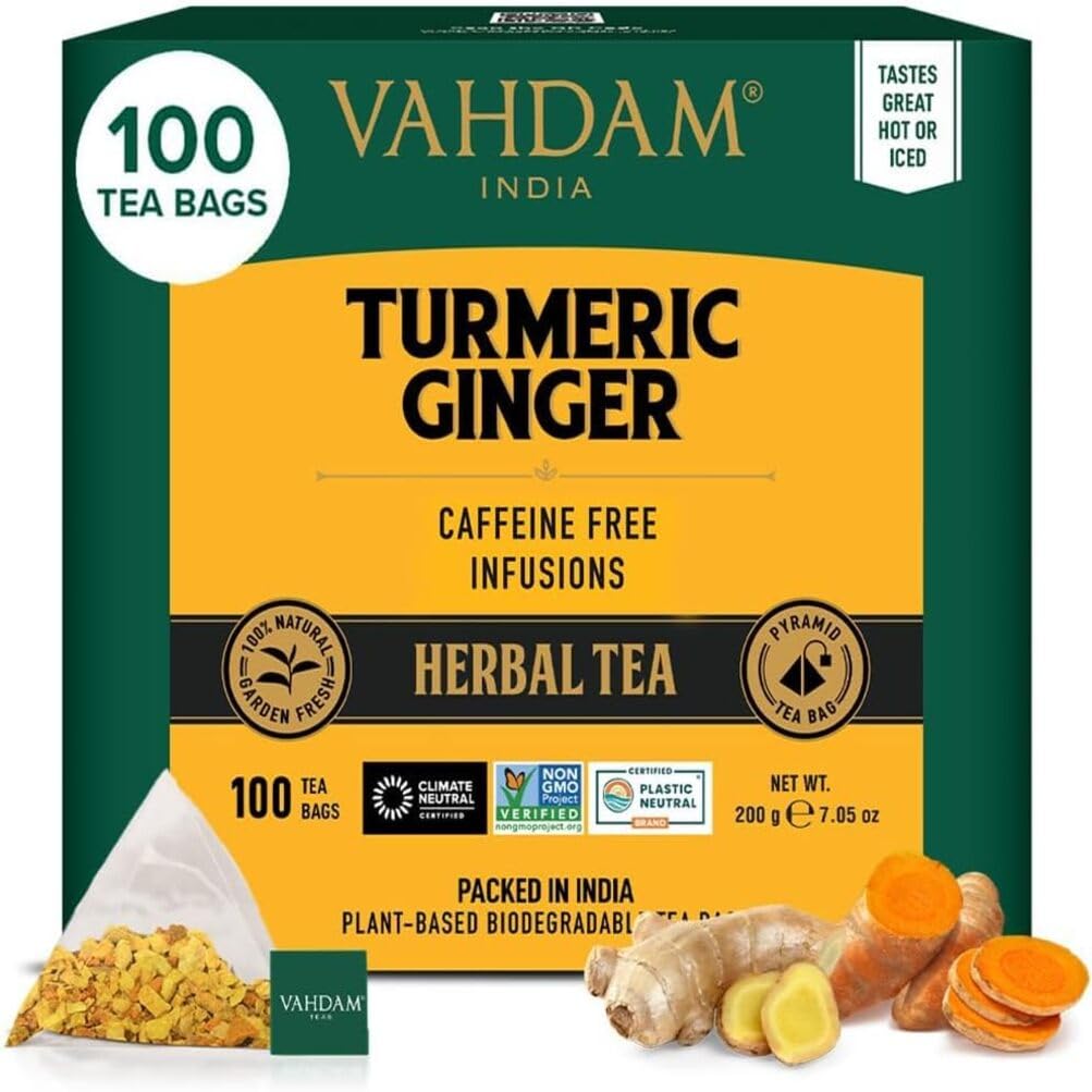 VAHDAM Turmeric Ginger Herbal Tea Bags (100 Pyramid Tea Bags) - Caffeine Free, Blend of 100% Real Spices - Turmeric Tea, Ginger Tea | Powerful