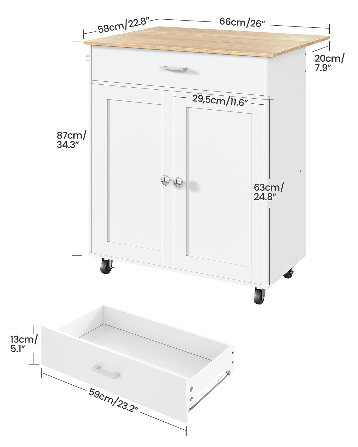 CHOEZON Kitchen Island, Farmhouse Kitchen Island Cart with One Double Cabinet and Drawer, Rolling Storage, with Drop Leaf & industrial locking wheels