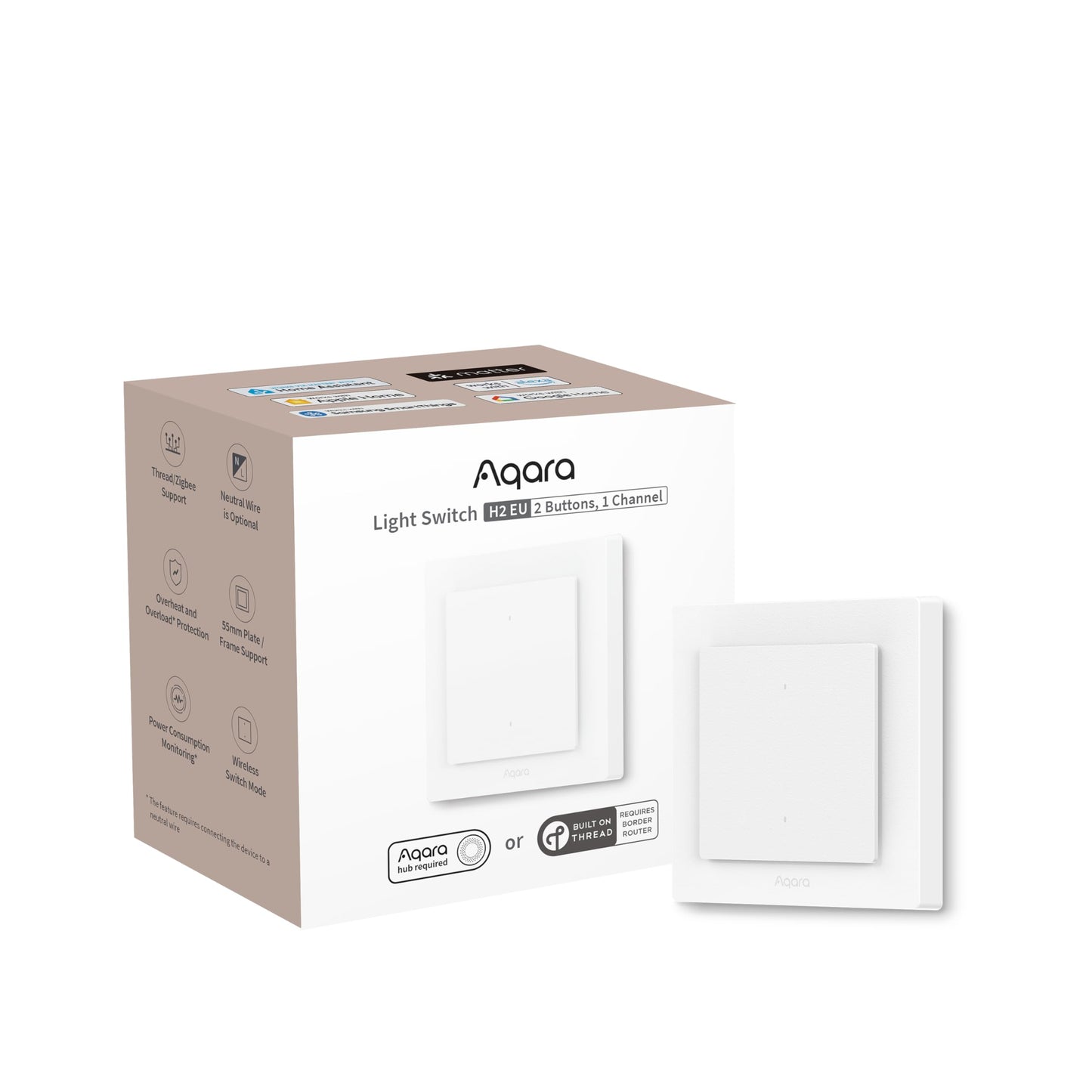 Aqara Smart Light Switch H2 EU (2-in-1 Neutral, 2 Gang 1 Channel), Thread/Zigbee Protocol, Wall Switch for Smart Home, Supports Apple Home, Alexa,