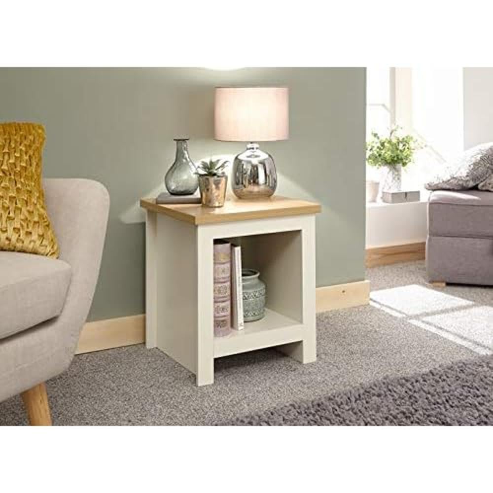 GFW Lancaster Cream and Oak Side Table with Shelf, Country Style Lamp Table, Living Room End Table with Storage Shelf