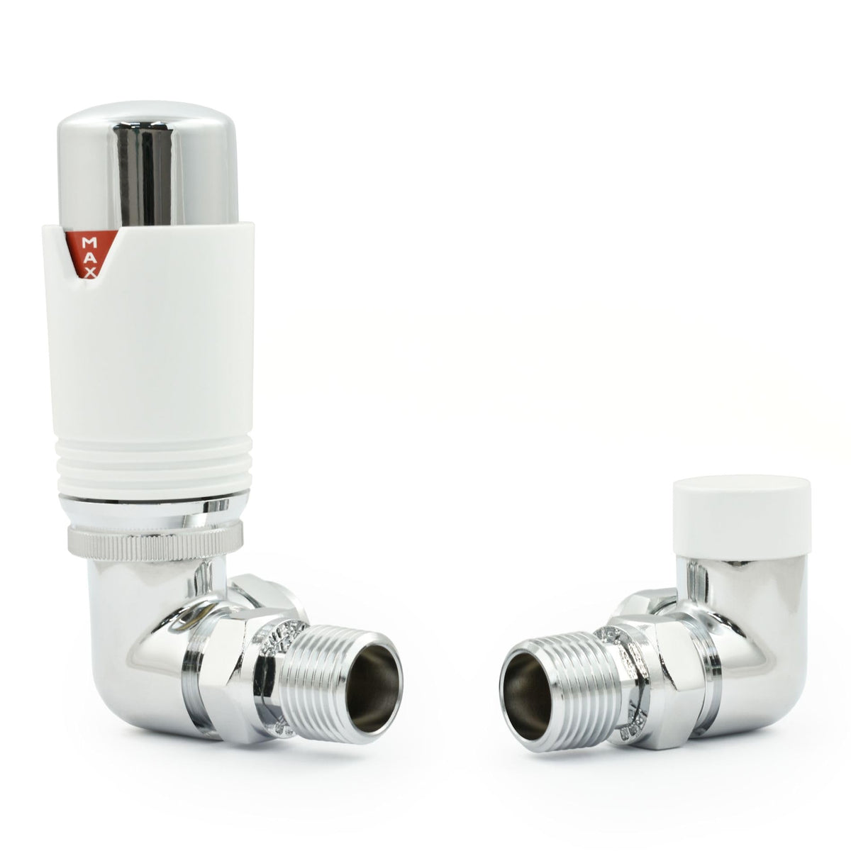 Hot Flow Chrome & White Estuary Corner TRV Thermostatic Radiator Valve (Pair) Includes Corner TRV Body, Wheel Head, Lock Shield. for Quick & Easy