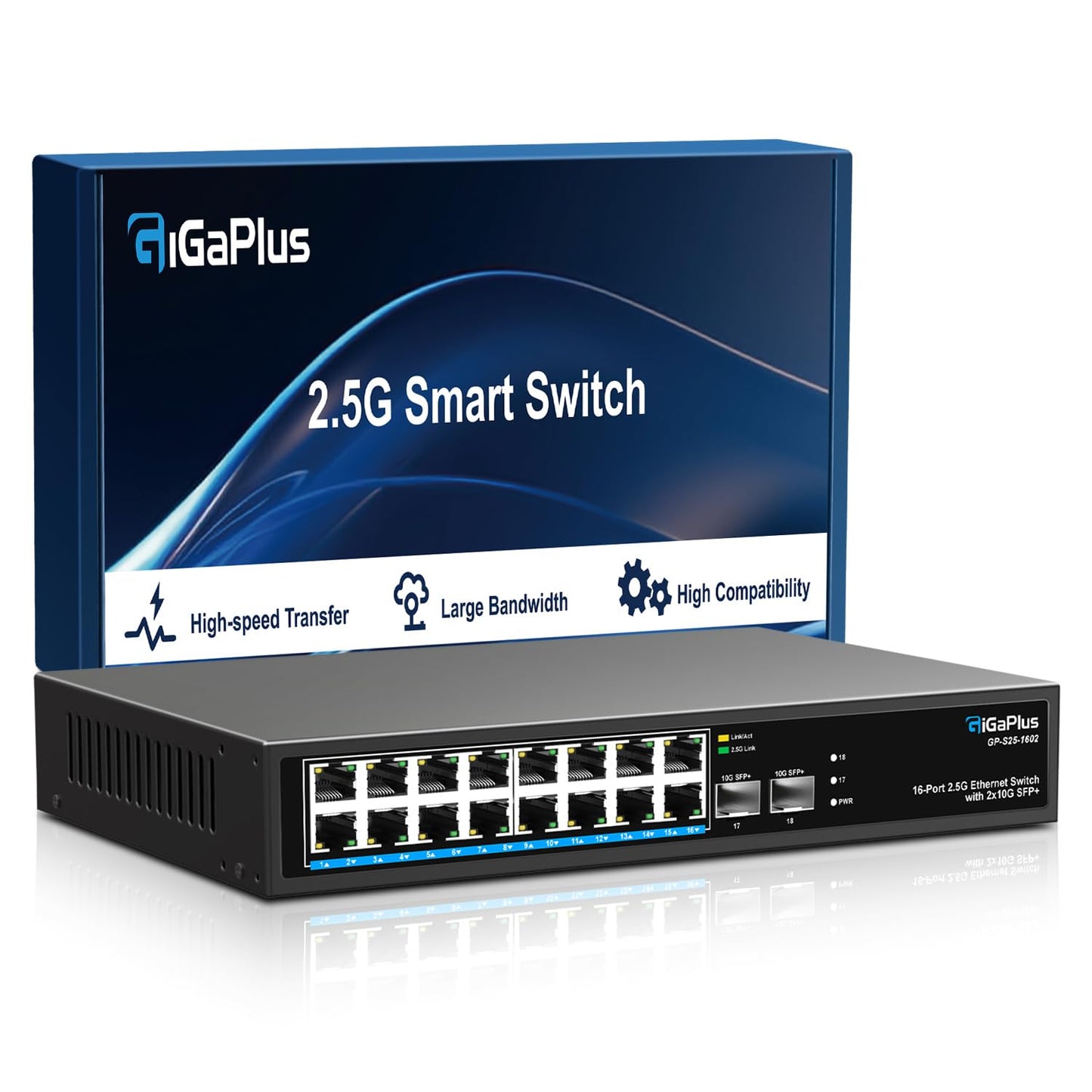 18 Port 2.5Gb Unmanaged Ethernet Switch with 16*2.5G Base-T Ports, 2*10G SFP+ Ports. GiGaPlus 2.5Gbps Network Switch for 2.5Gbps NAS/PC, Wireless AP,