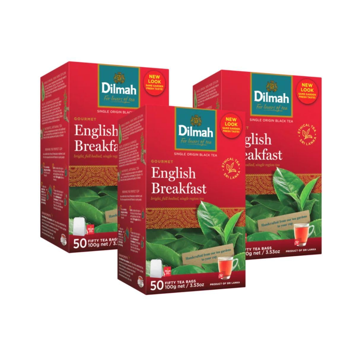 Dilmah Tea | Premium Single Origin Freshly Packed Tea Bags | English Breakfast Tea Bags 150 - Handcrafted Black Tea, Pack of 3 (50x3)