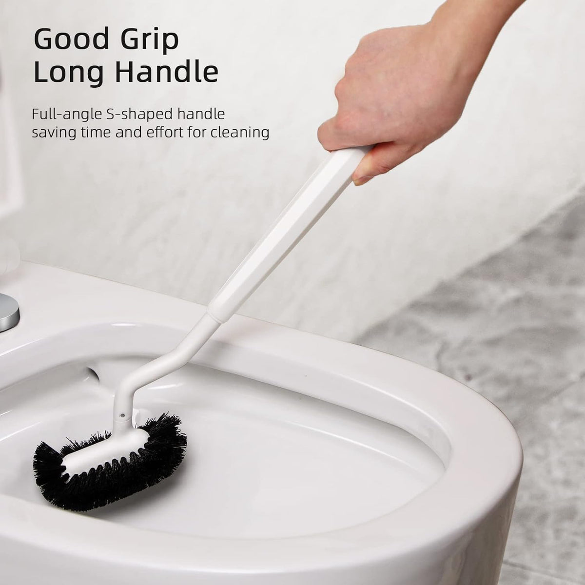 HAMITOR Toilet Bowl Brush Holder Set: Curved Design with Holder for Deep Cleaning Under Rim - Compact Hidden Scrubber for Small Space