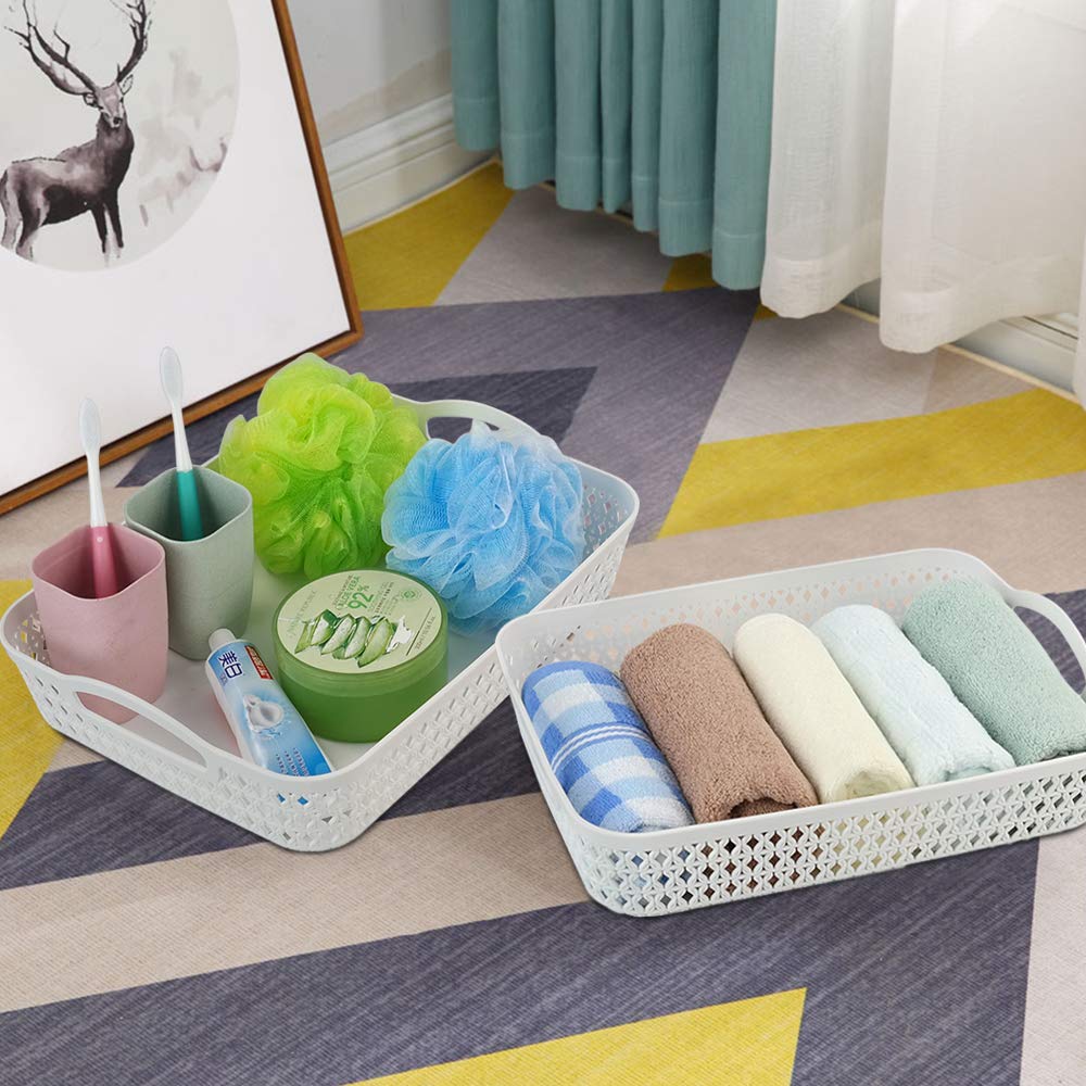 Callyne Set of 6 White Plastic Storage Tray Basket, Large Kitchen Storage Basket with Handle