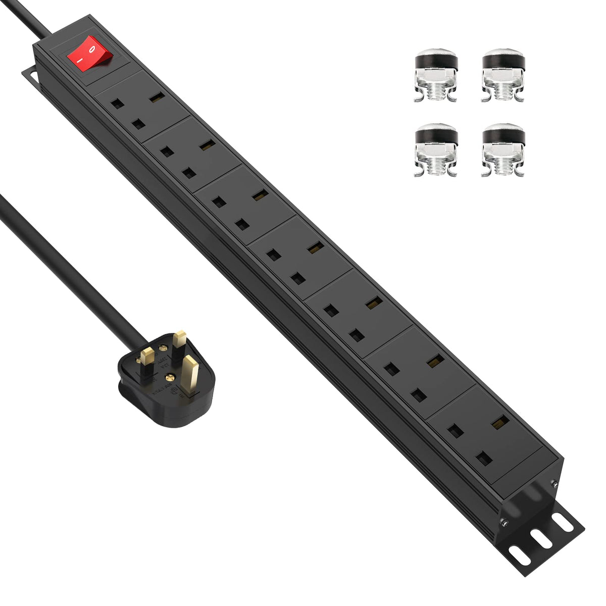 Extension Lead Surge Protection 7 Way Multi Plug Power Strip with Switches, Desk Power Strip 19 Inch Rack Mount Power Socket for Home Office Power