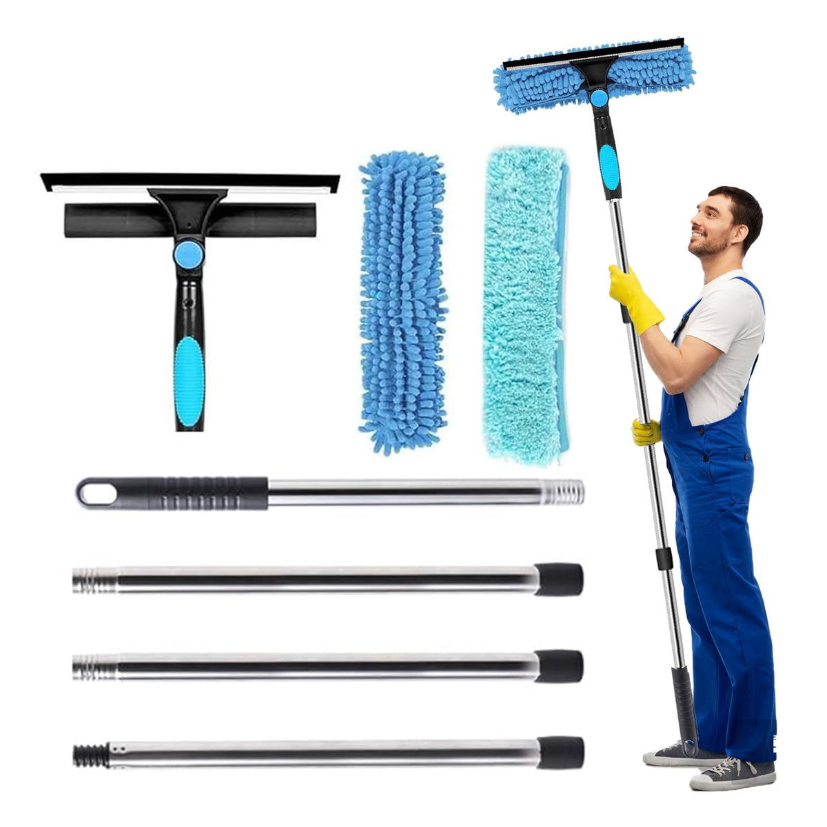 Bolizon Window Cleaning Equipment with Extension Pole(70in), 180? Rotatable Squeegee & Microfiber Scrubber,176cm Professional Window Cleaning Kit for