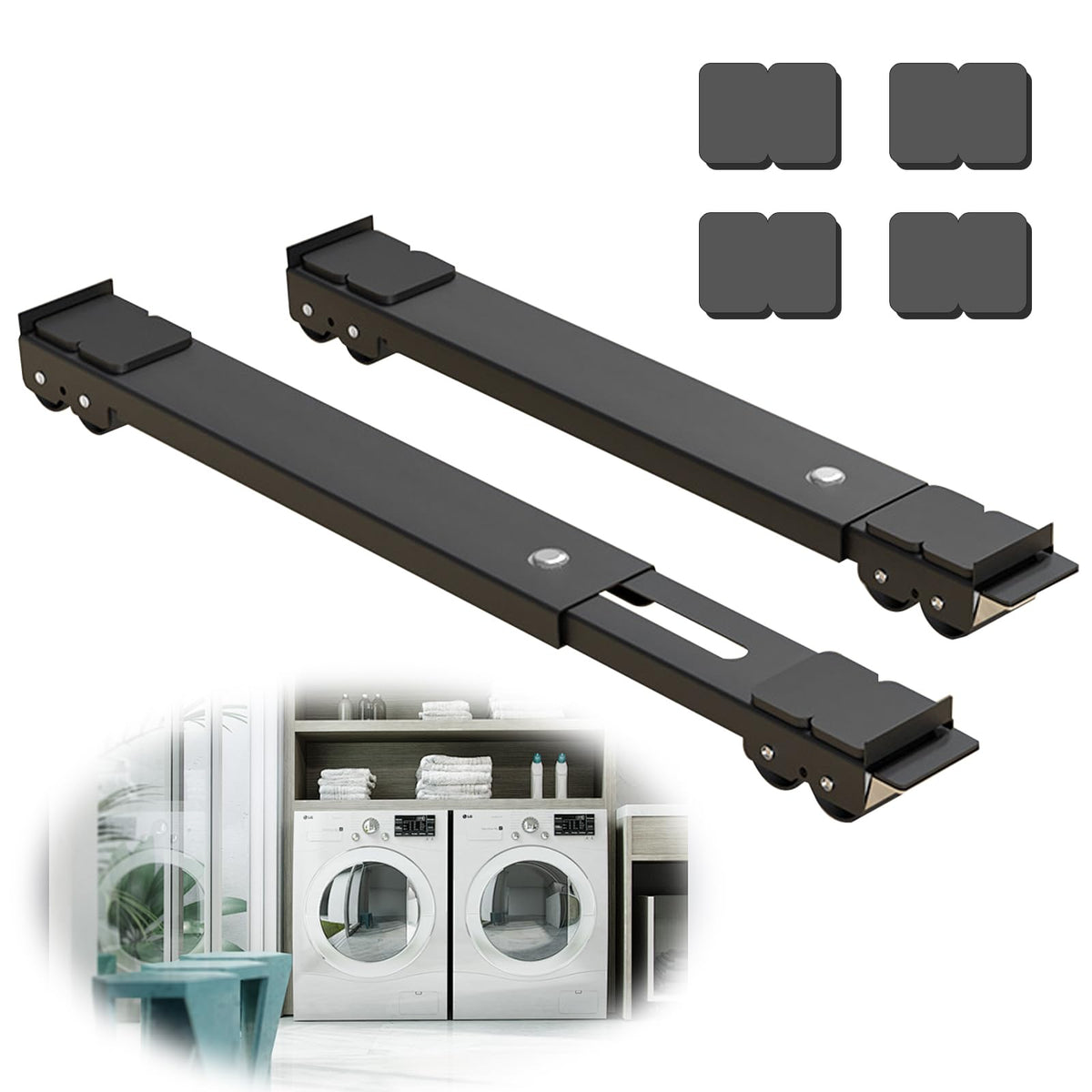 TUAKIMCE Heavy Duty Appliance Rollers, Adjustable Furniture Moving Roller Wheels with Brake, Washing Machine Wheels Load Bearing 660lbs for