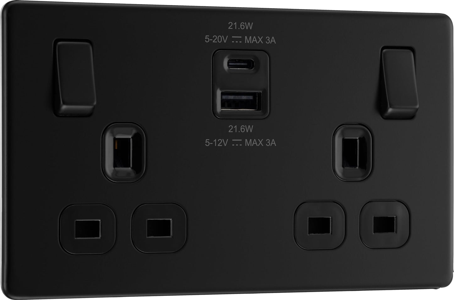 BG Electrical 22W Double Switched Power Wall Plug Socket with Fast Charge Type A and C USB Ports, Screwless, Flatplate, Matt Black, 13A, FFB22UAC22B