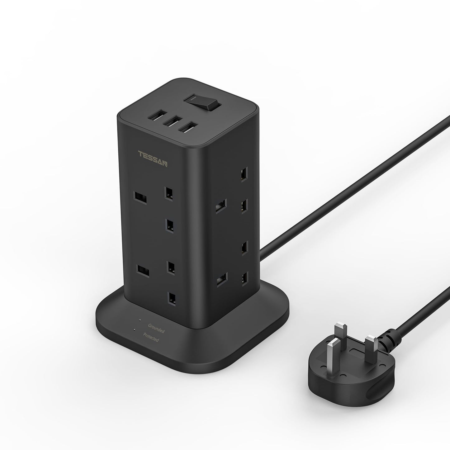Tower Black Extension Lead with 3 USB Slots, TESSAN 8 Way Multi Plug Extension Socket 2M Cable, Surge Protected Power Strip with Switch for Home,
