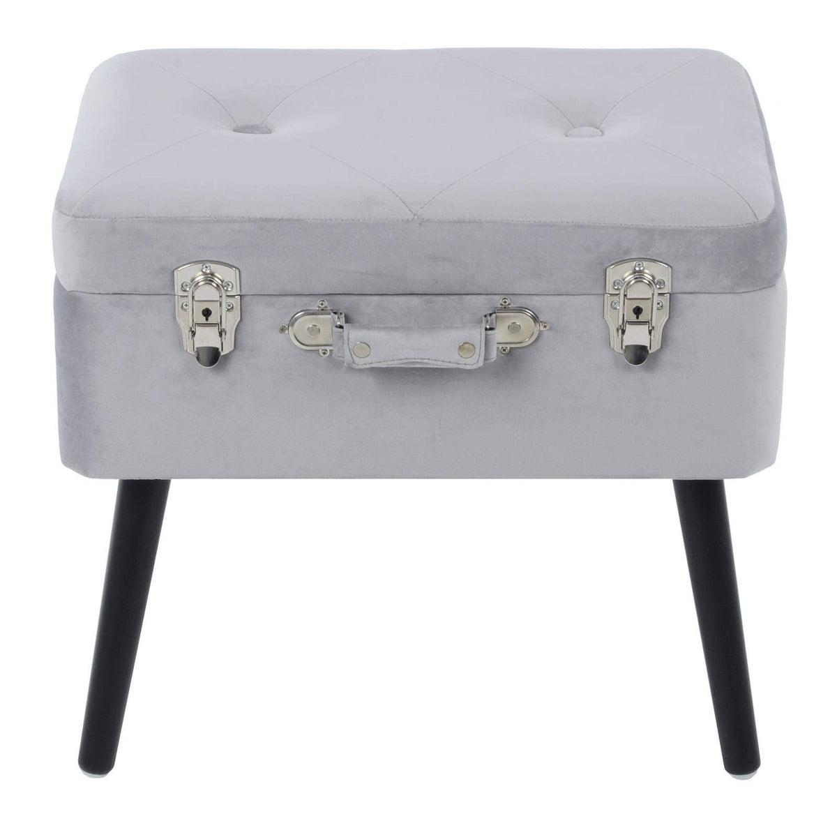 Hodge and Hodge Suitcase Storage Stool Velvet Padded Seat Black Legs Silver Latch Trunk Silver Grey