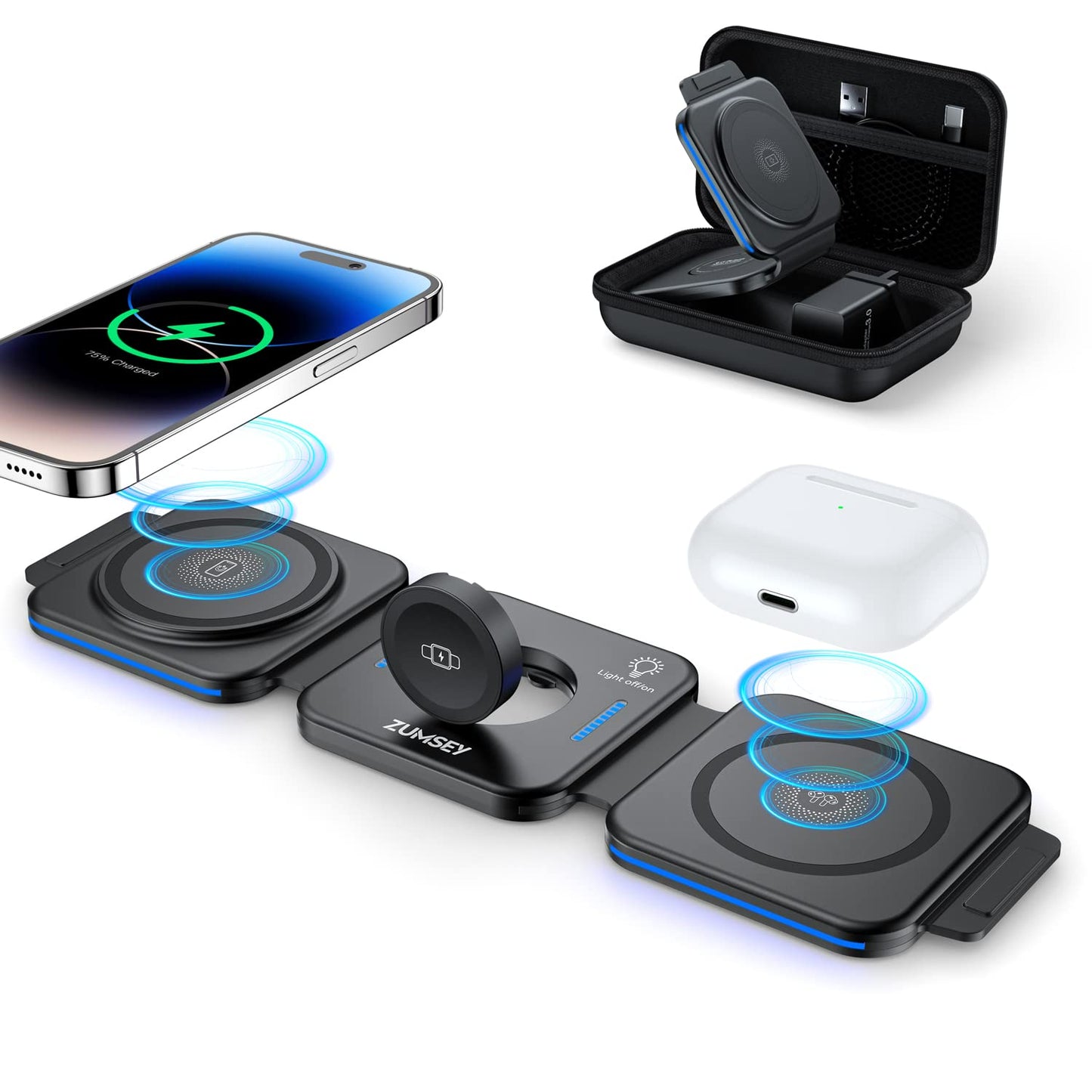 ZUMSEY 3 in 1 Wireless Charging Station for Apple, Wireless Charger for iPhone 17 Pro Max/16/15/14/13/12, Travel Wireless Charger for Apple Watch