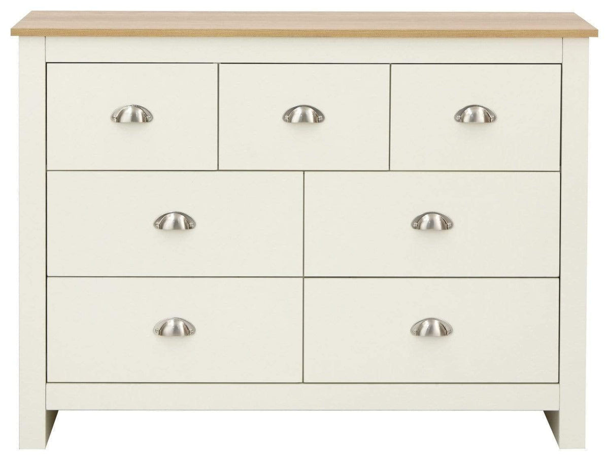 GFW Lancaster Wooden 7 Drawer Chest With Steel Cup Handle & 28.4 Litre Drawers, Modern Bedroom Furniture Chest Of Drawers Storage Unit, Contrast Oak