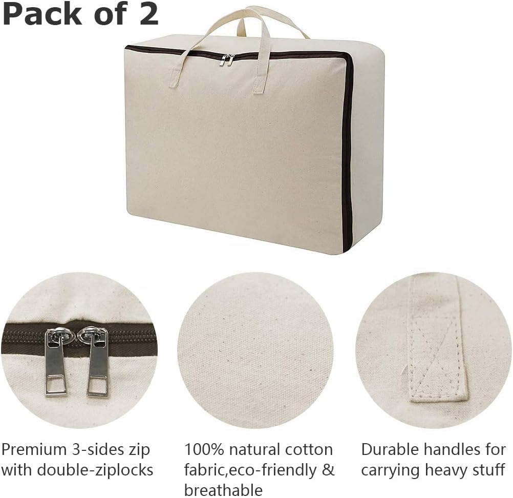 iwill CREATE PRO Pack of 3, Cotton Canvas Storage Soft Bags with Zip Closure & Handles, Good for Blankets, Clothing in Bedroom Wardrobe, Dormitory