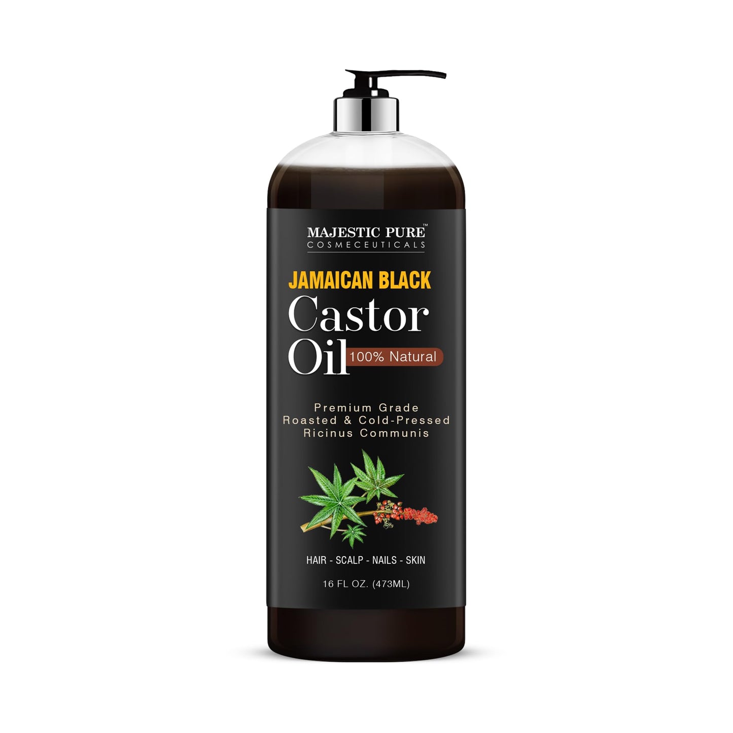 MAJESTIC PURE Jamaican Black Castor Oil for Hair Growth & Natural Skin Care - Roasted & Cold-Pressed - Massage, Scalp, Hair and Nails - 16 fl oz
