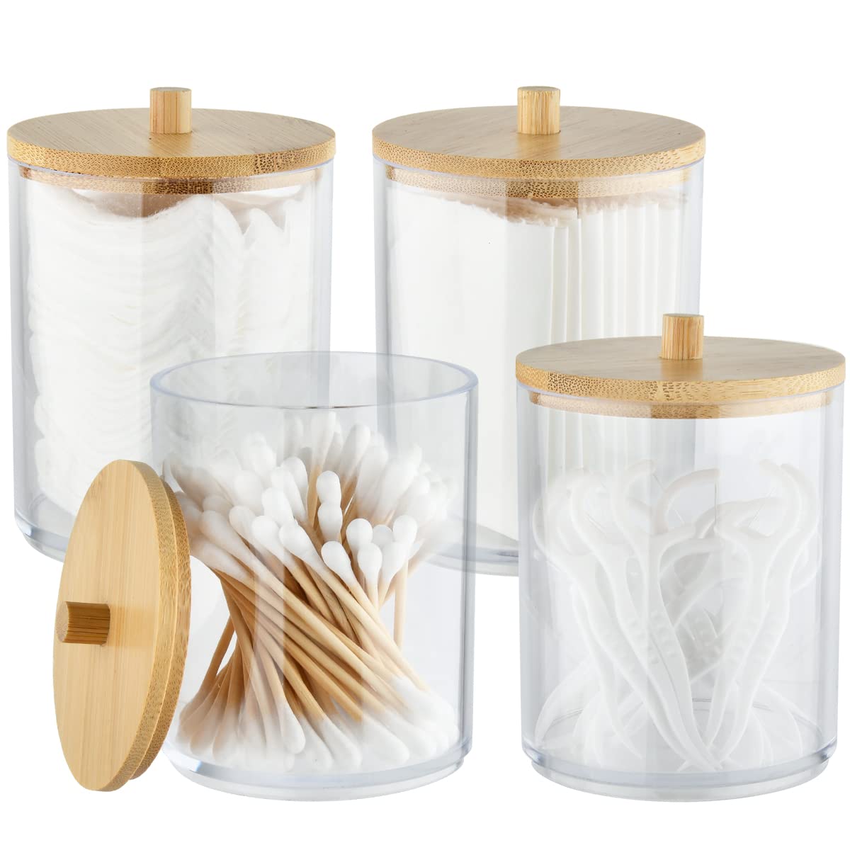 TIMESETL 4x10 Oz Cotton Swab/Ball/Pad Holder, Clear Plastic Apothecary Jar Set for Cotton Ball, Swab, Round Pads, Floss, Cotton Bud Holder, Clear