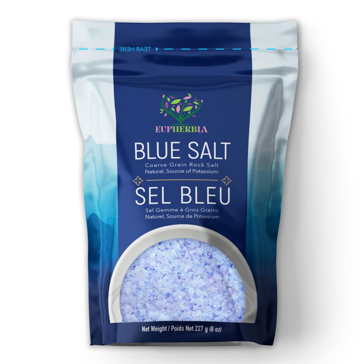 EUPHERBIA Blue Salt, Coarse, Rare Mineral Salt, High Potassium, Lower Sodium, Natural, Unprocessed, Hand Harvested, Kosher Certified, 227g (8 Oz)
