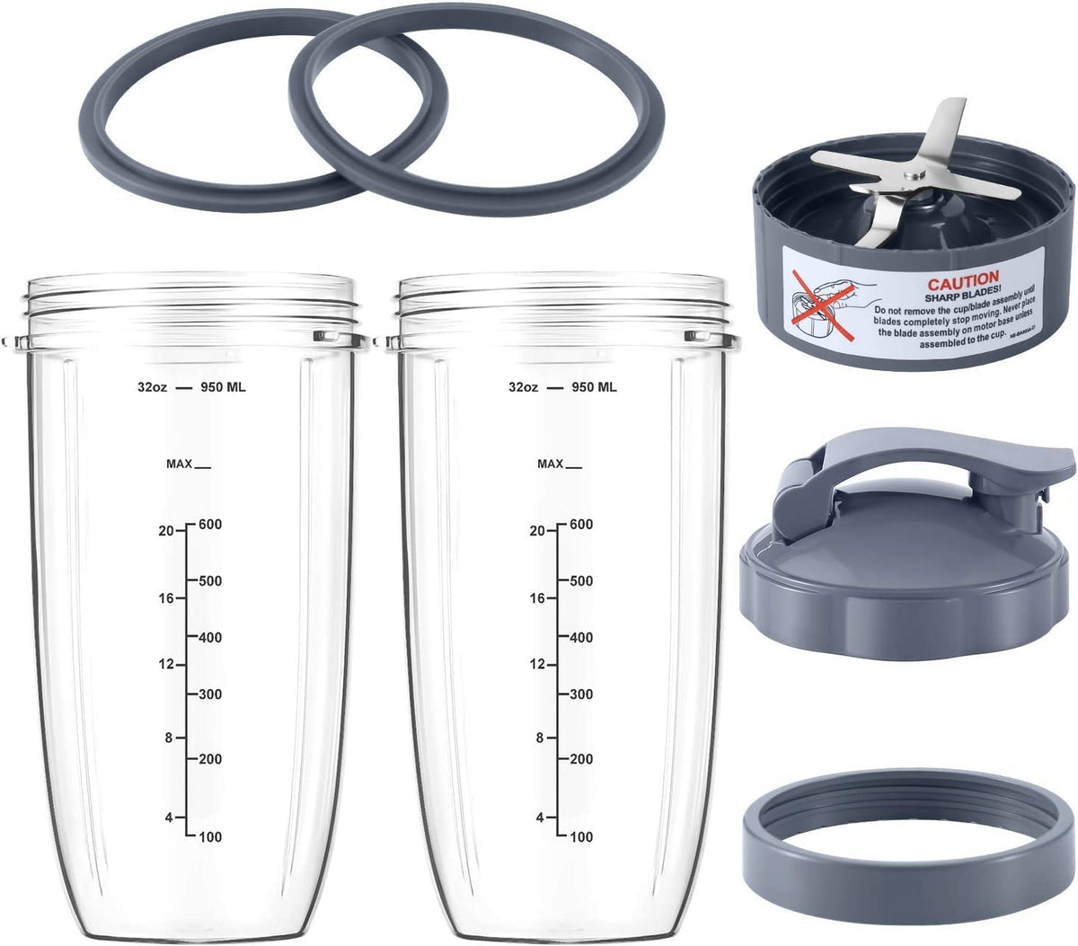 7 Pieces nutribullet Blender Cups & Blade Replacement Set 32oz Huge Cup with 1 Flip-Top To-Go Lid and 1 Lid Ring & Premium Extractor Blade with