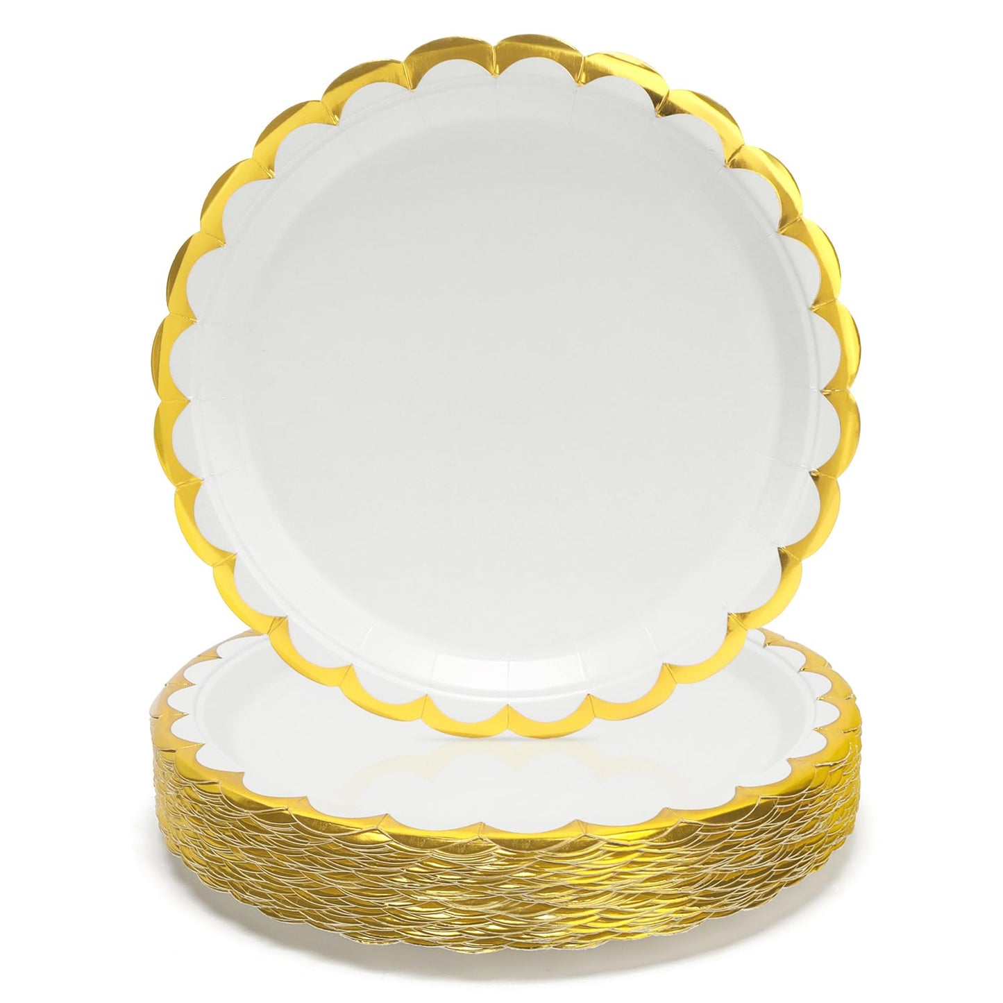 PARTY GO 50Pcs White Paper Plates 9" 23cm Gold Foil Scalloped Party Plates Set for Dinner and Dessert Great for Birthday Parties, Holidays, Weddings,
