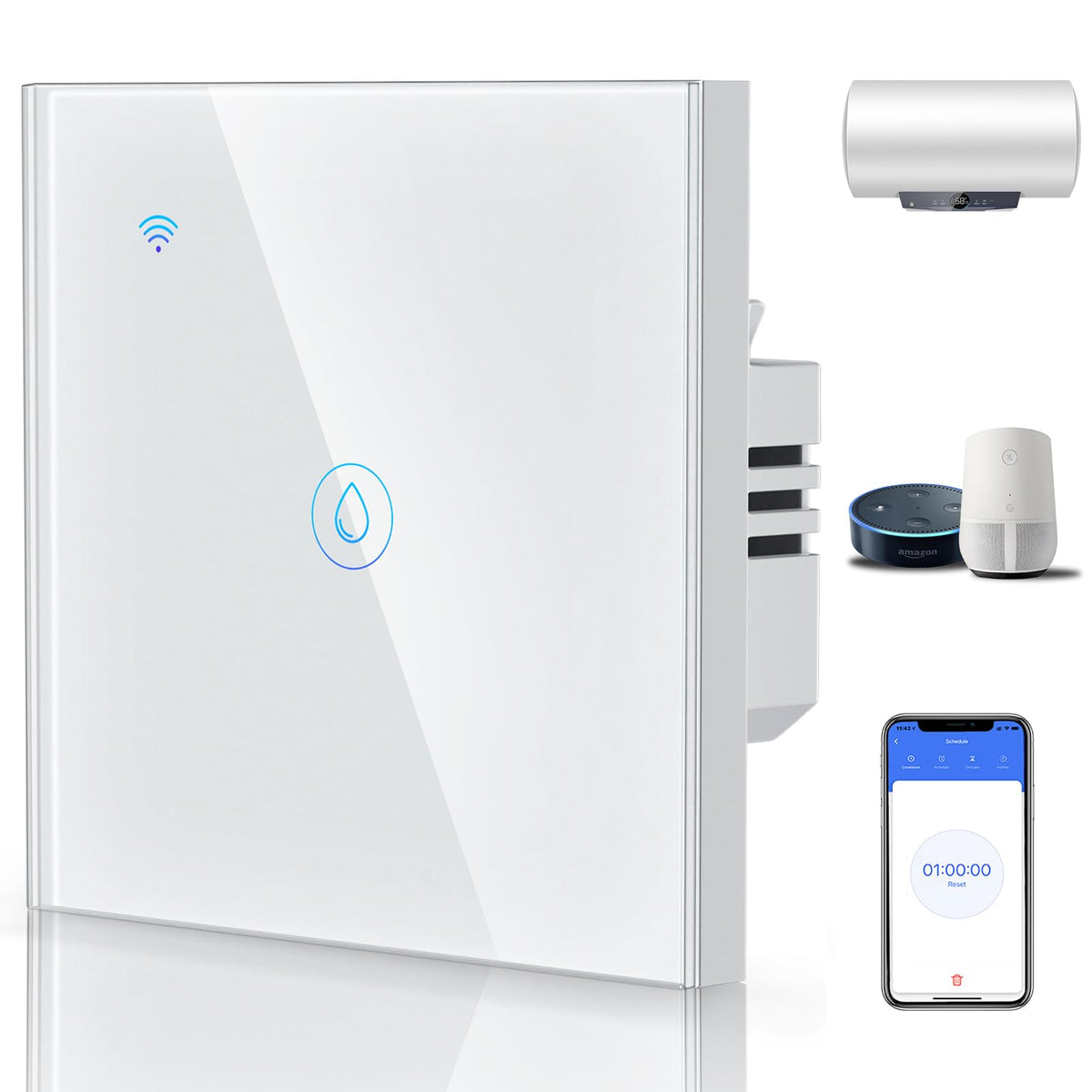 ANTREATU Immersion Heater Timer Switch 40A Smart Immersion Heater Switch with an Installation Box, Tempered Glass, Compatible with Alexa & Google Home